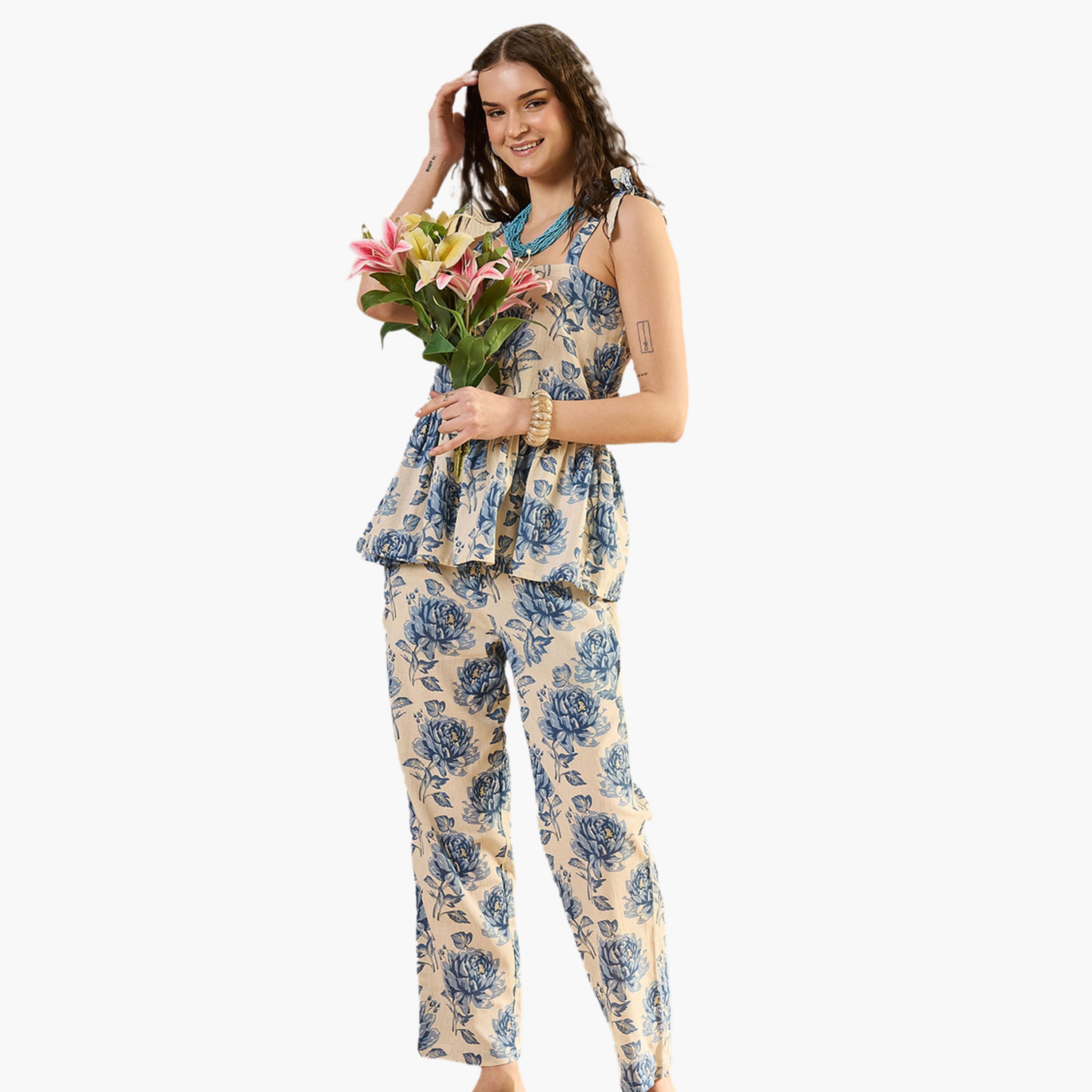 سانسكروتي هومز × ستايلي-  طقم بلوزة وبنطال من القطن الخالص مطبوع عليه زهور-women-clothing-coordsets-image-5