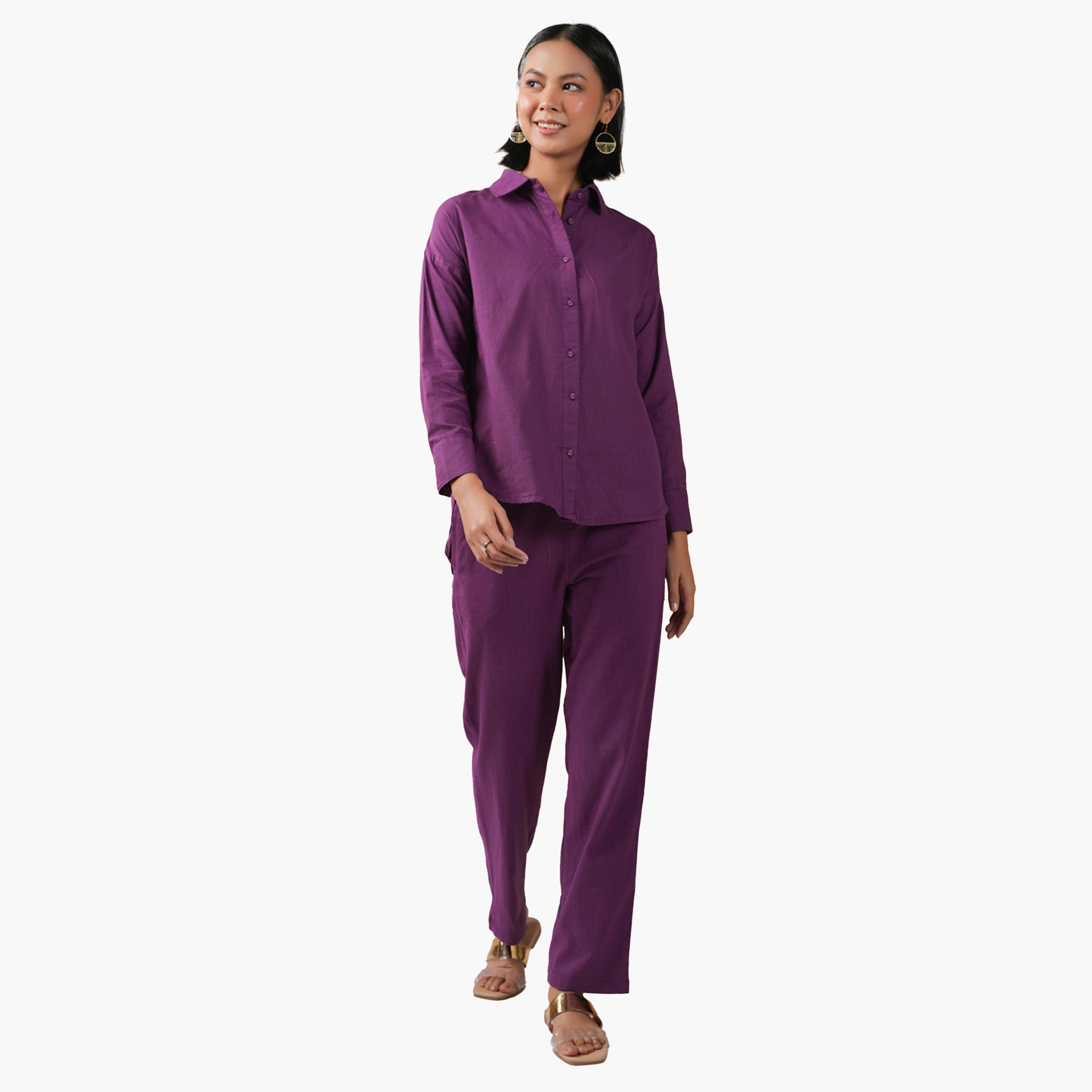 Sanskrutihomes X Styli Solid Pure Cotton Shirt and Pants Co-Ords-women-clothing-coordsets-image-1
