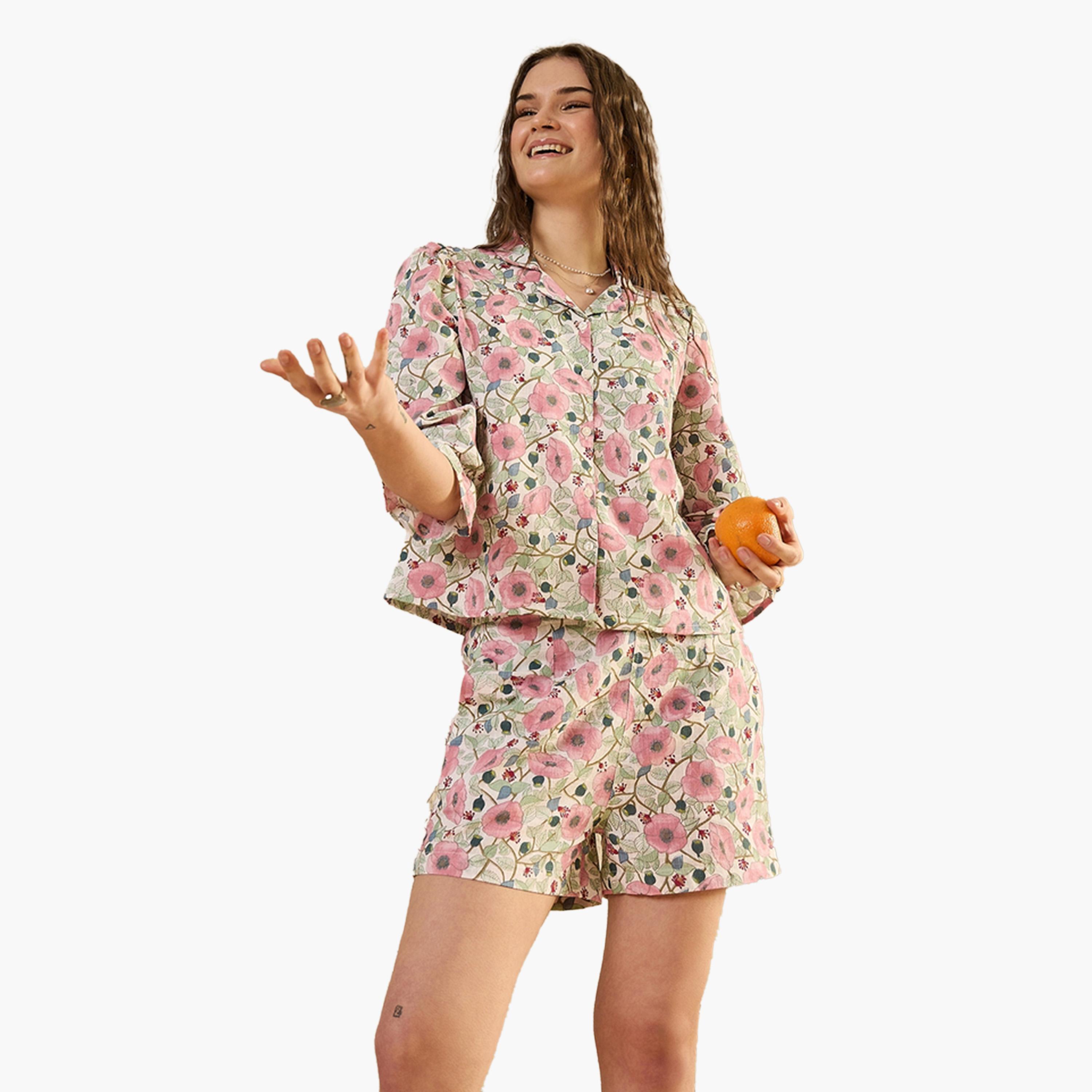 سانسكروتي هومز × ستايلي-  قميص وشورت من القطن الخالص مطبوع بنقشة زهور-women-clothing-coordsets-image-6