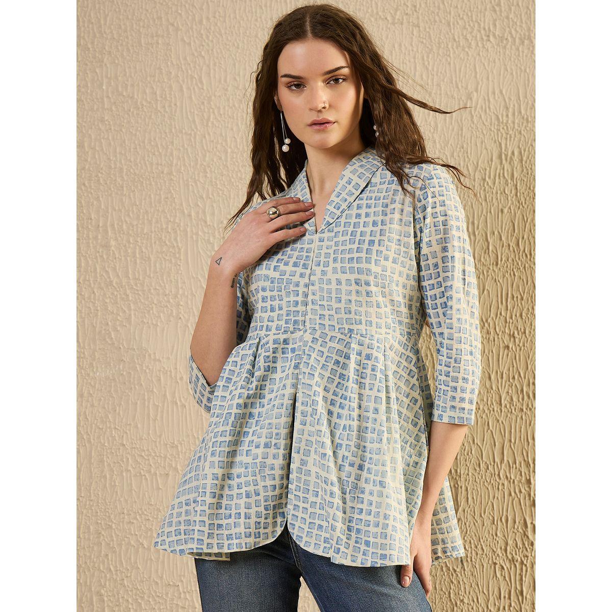 بلوزة بطبعة مربعات وتفاصيل كسرات-women-clothing-shirtsandblouses-blouses-image-3