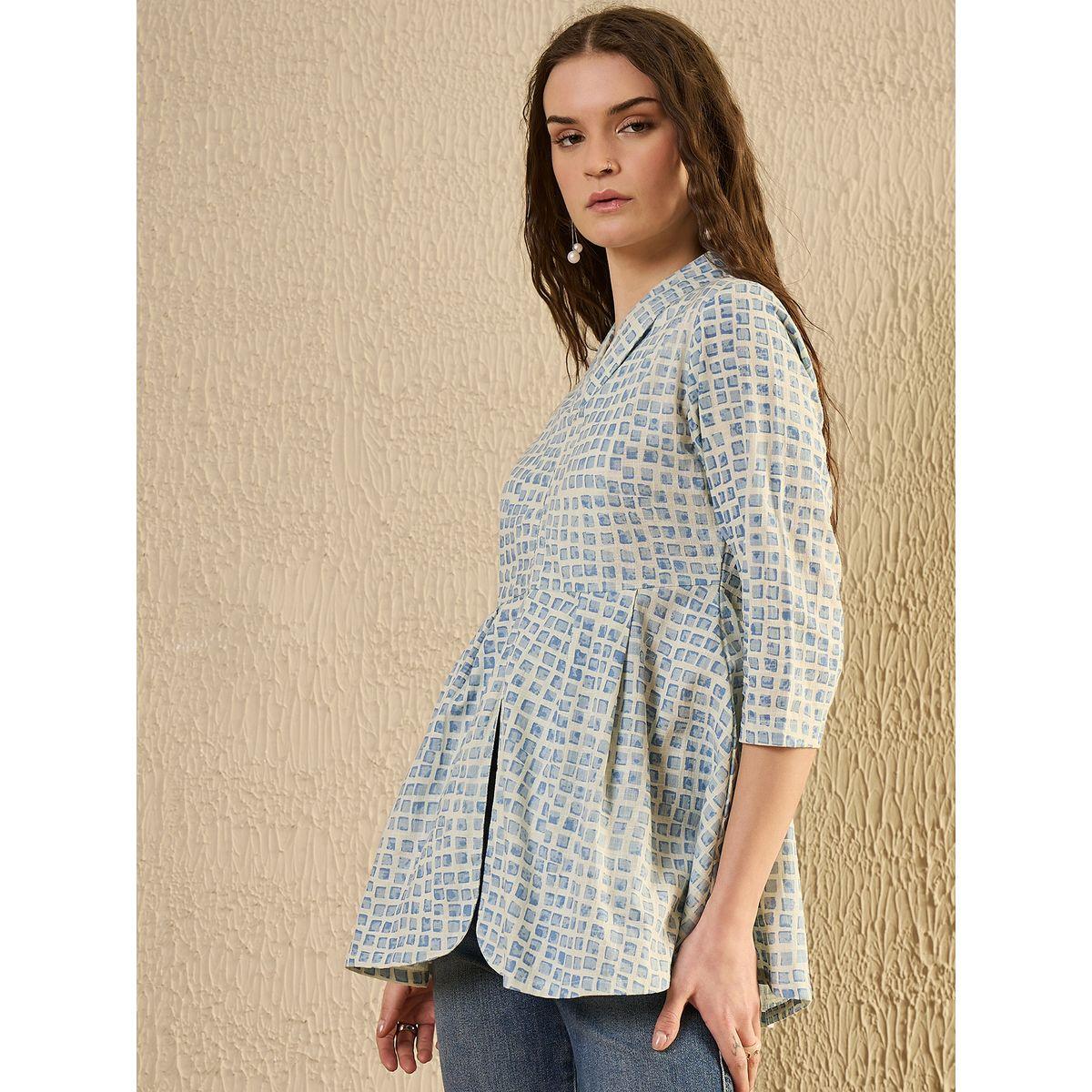 بلوزة بطبعة مربعات وتفاصيل كسرات-women-clothing-shirtsandblouses-blouses-image-4