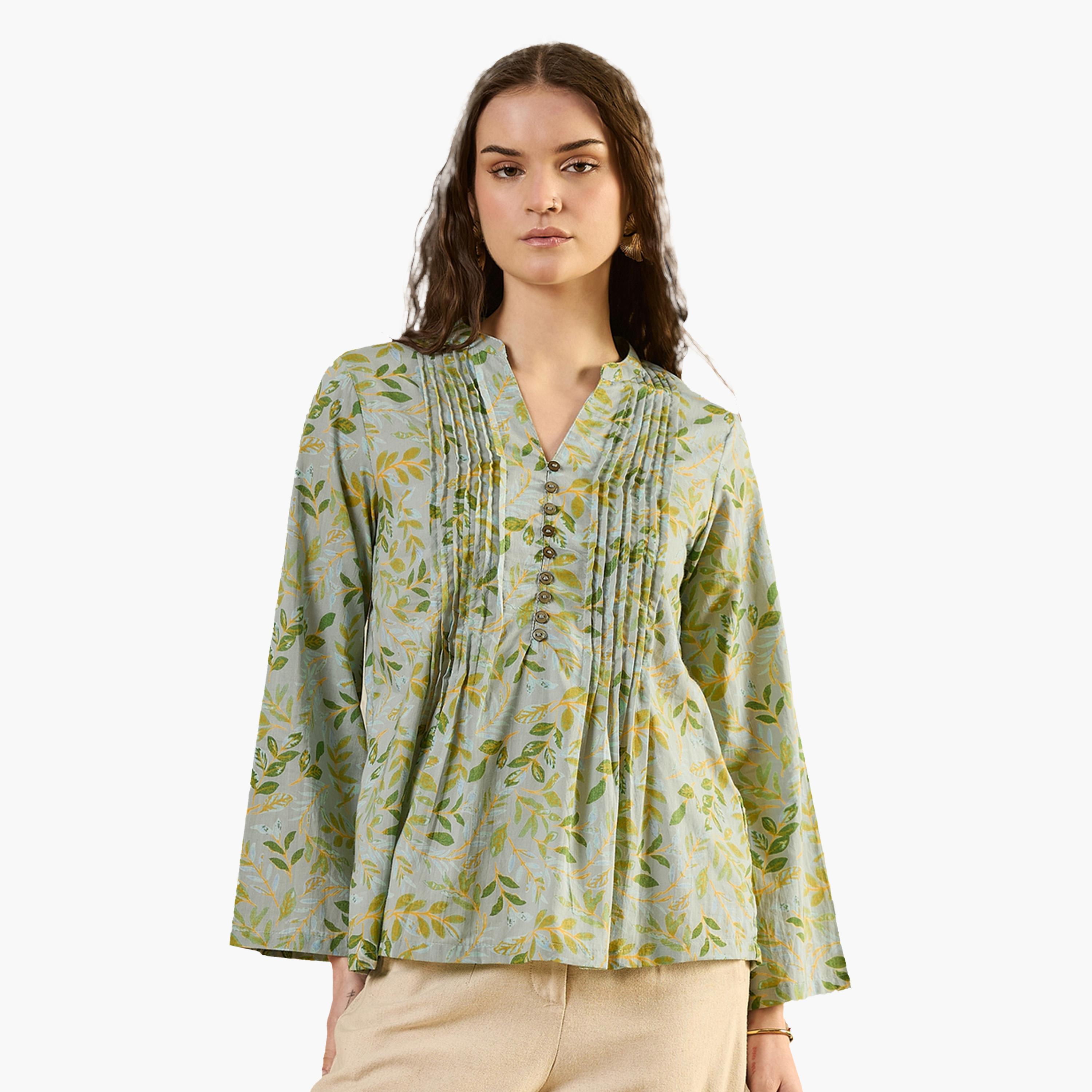 Sanskrutihomes X Styli Floral Printed Pleated Top with Button Detail-women-clothing-shirtsandblouses-blouses-image-1