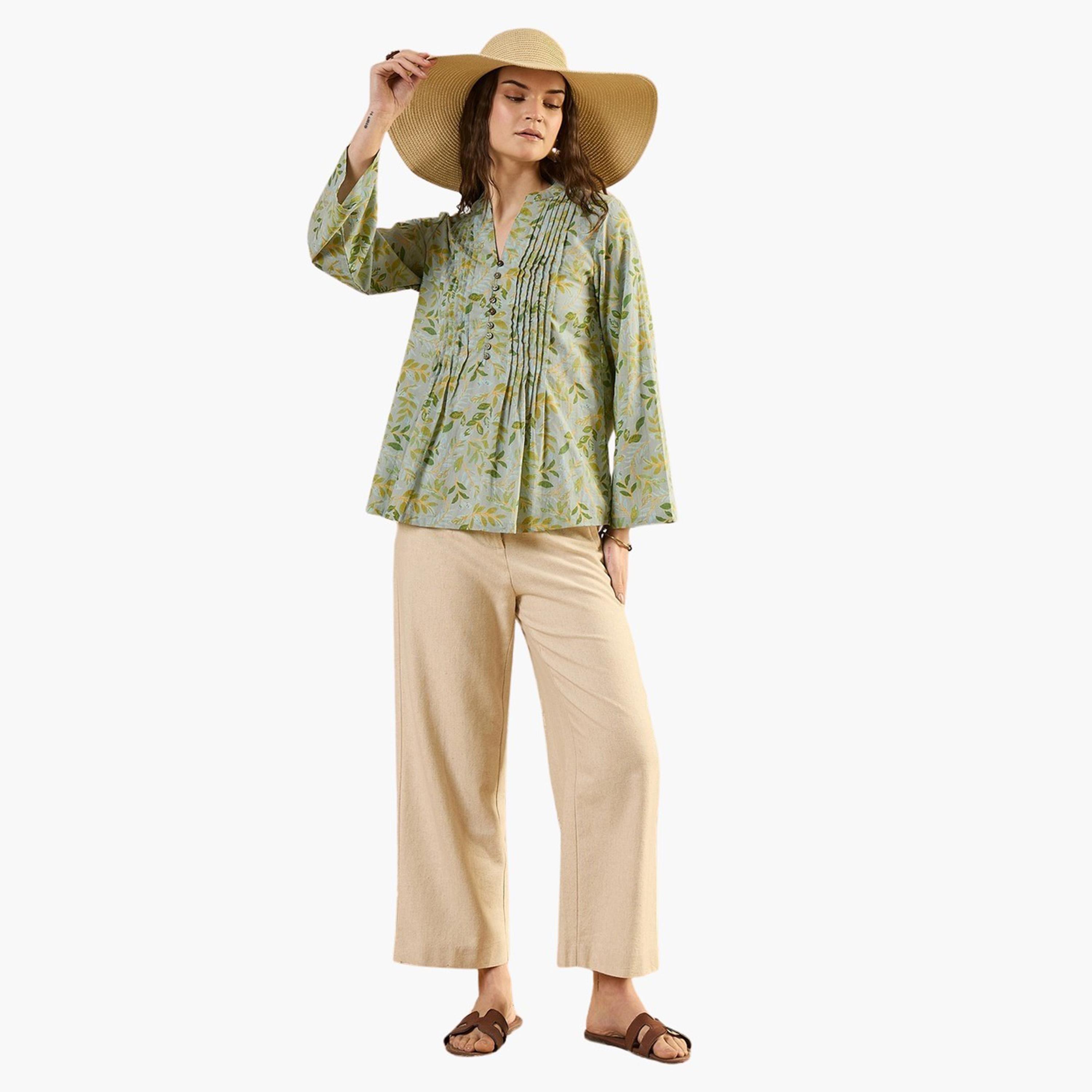 Sanskrutihomes X Styli Floral Printed Pleated Top with Button Detail-women-clothing-shirtsandblouses-blouses-image-2
