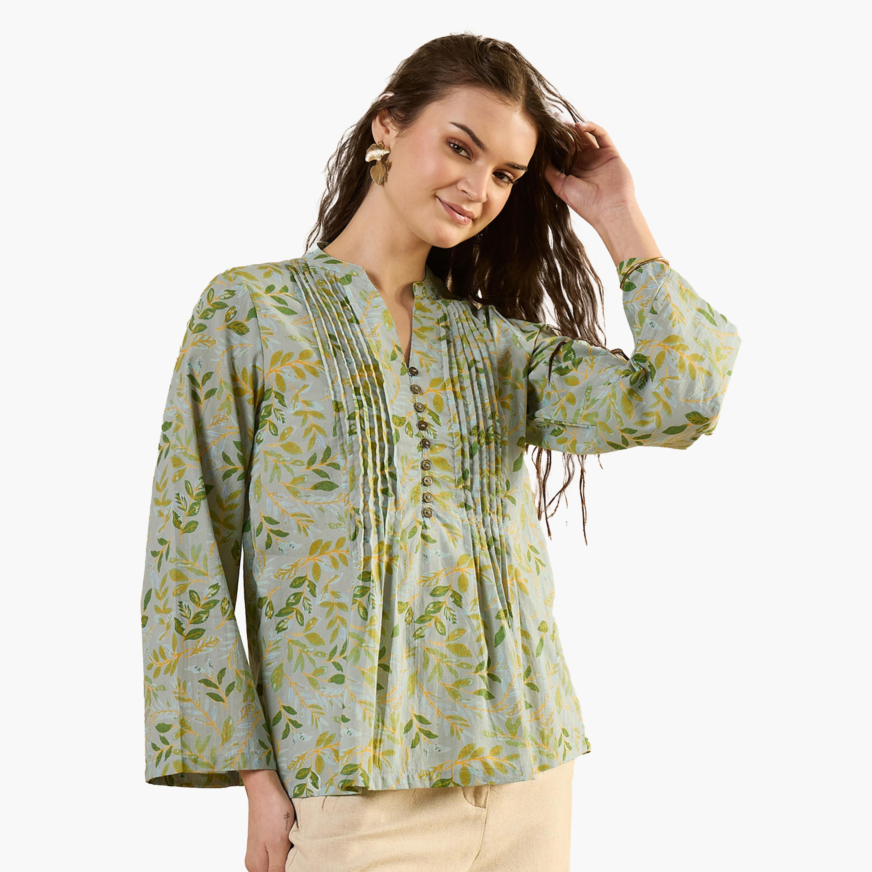 Sanskrutihomes X Styli Floral Printed Pleated Top with Button Detail-women-clothing-shirtsandblouses-blouses-image-3