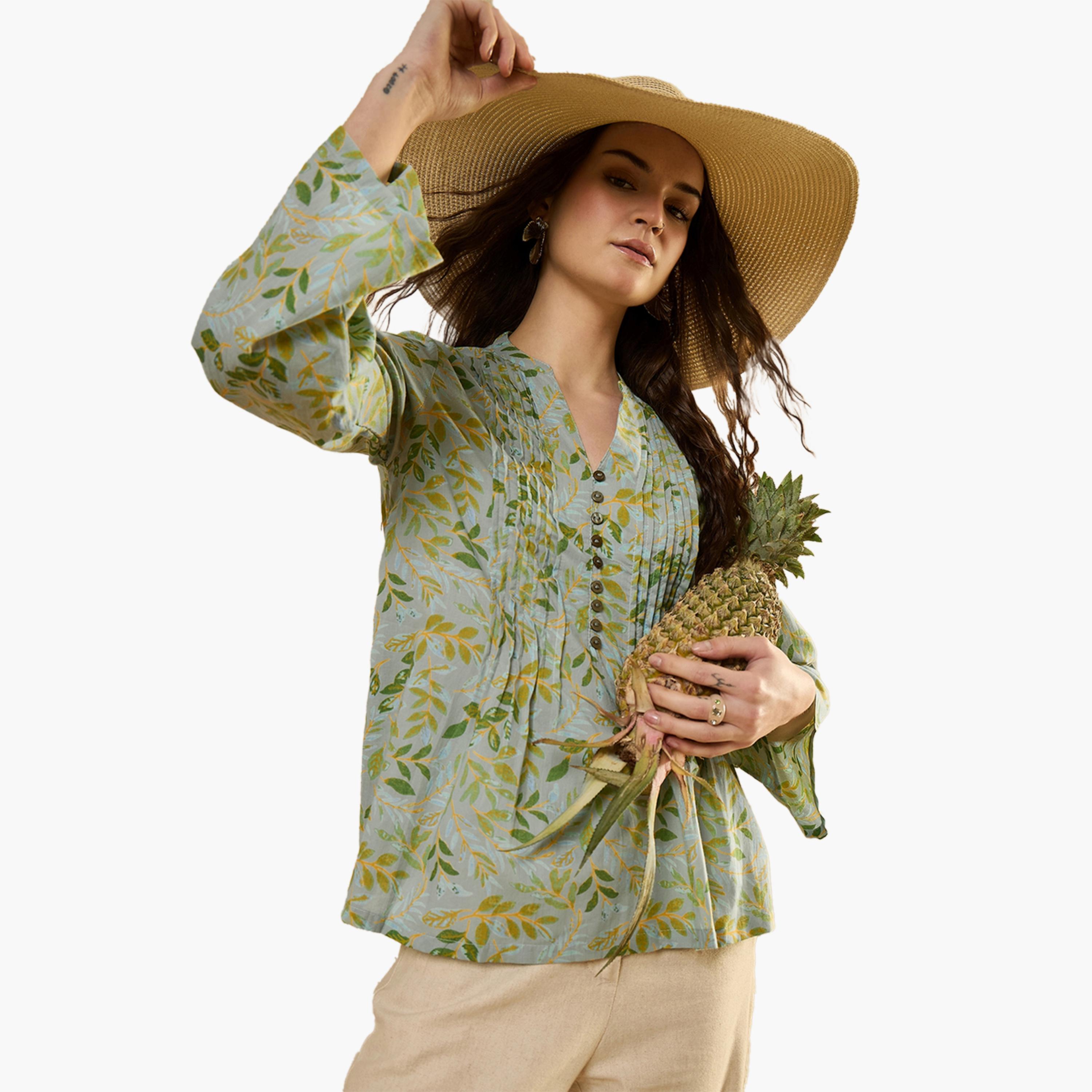 Sanskrutihomes X Styli Floral Printed Pleated Top with Button Detail-women-clothing-shirtsandblouses-blouses-image-5