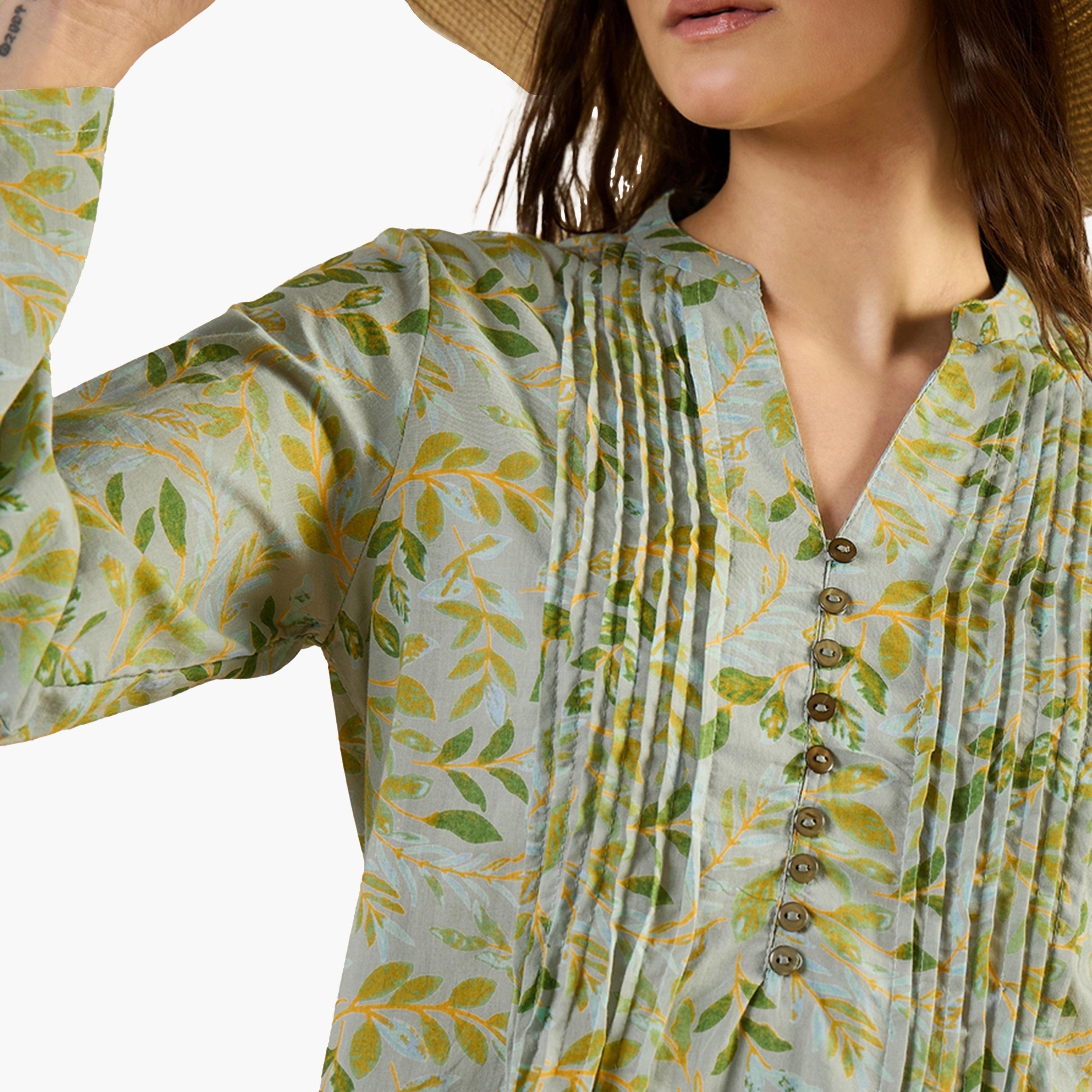 Sanskrutihomes X Styli Floral Printed Pleated Top with Button Detail-women-clothing-shirtsandblouses-blouses-image-6