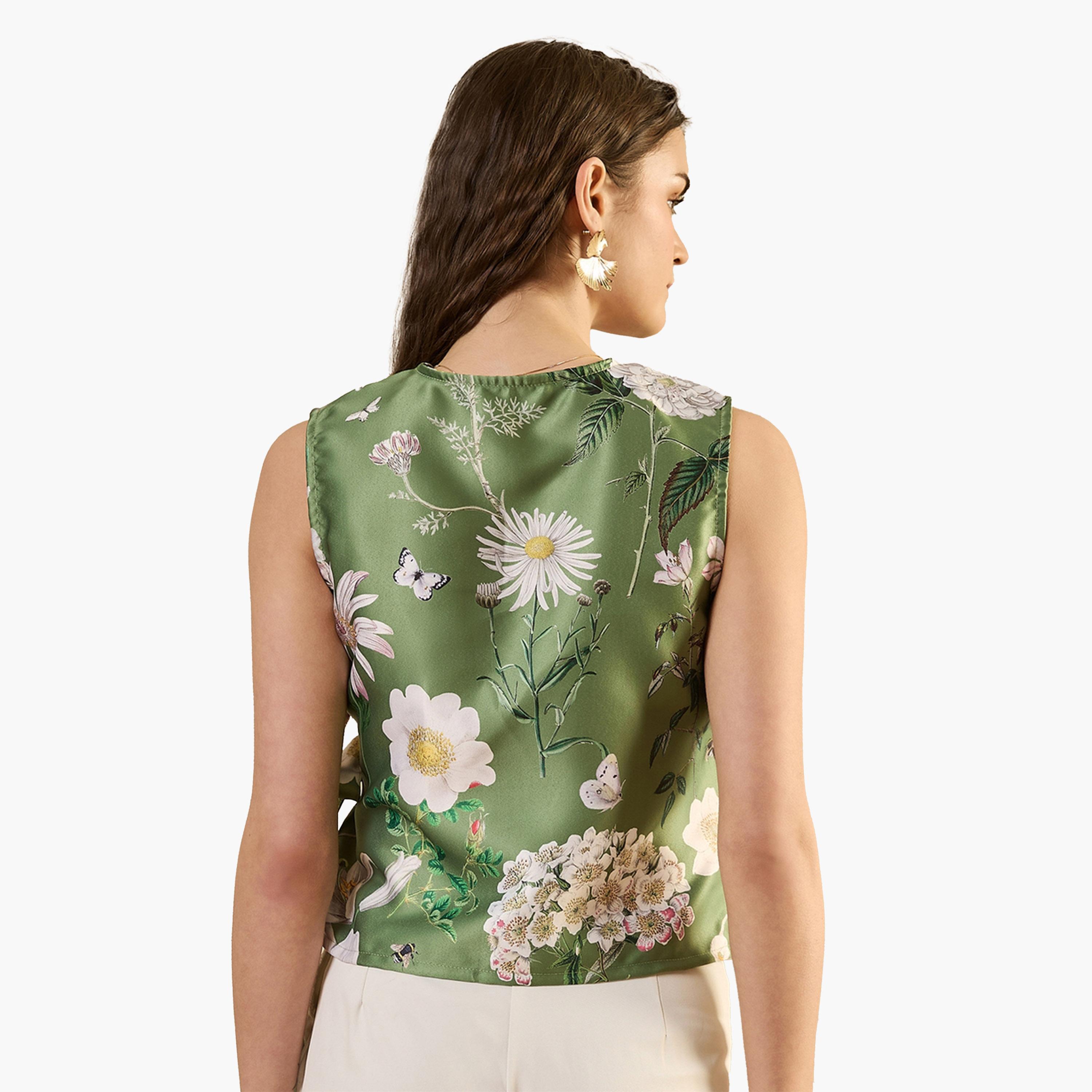 سانسكروتي هومز × ستايلي-  بلوزة ساتان بدون أكمام بطبعة زهور مع تفاصيل ربطة عنق-women-clothing-shirtsandblouses-blouses-image-4