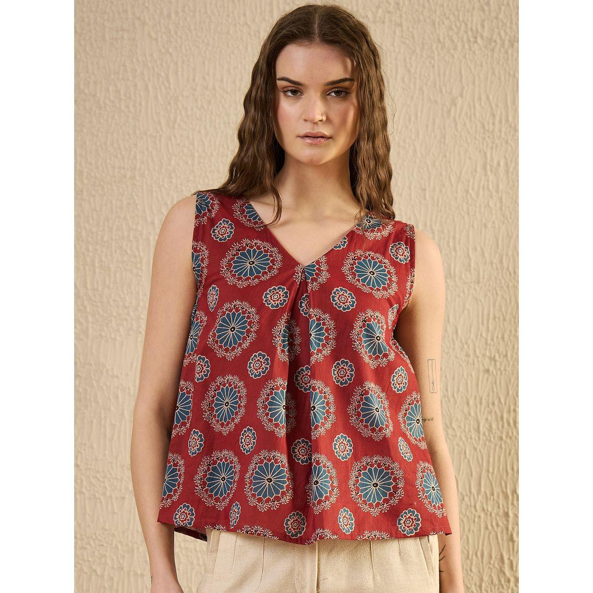 Sanskrutihomes Floral Print V-Neck Pleated Top-women-clothing-shirtsandblouses-blouses-image-1