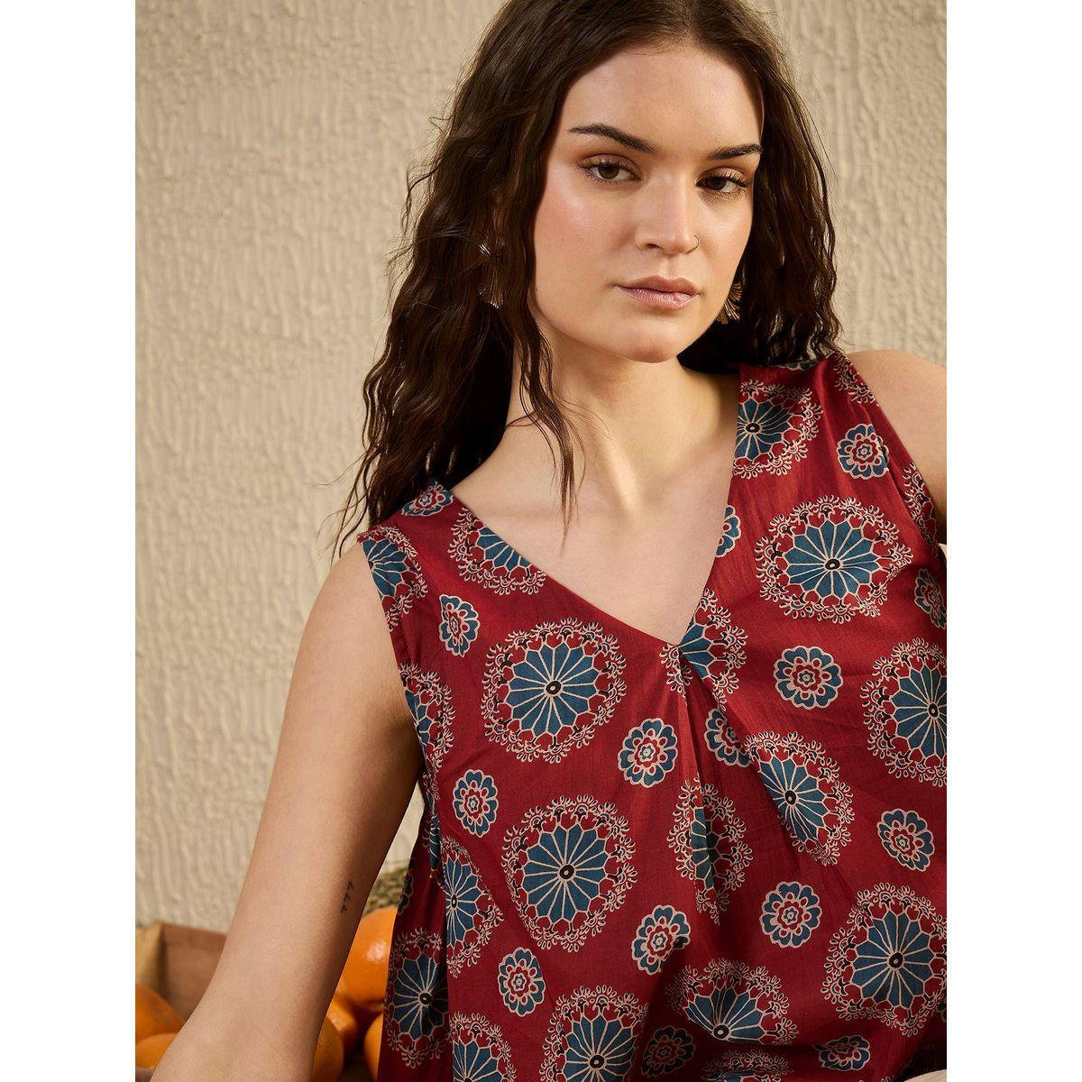 Sanskrutihomes Floral Print V-Neck Pleated Top-women-clothing-shirtsandblouses-blouses-image-6
