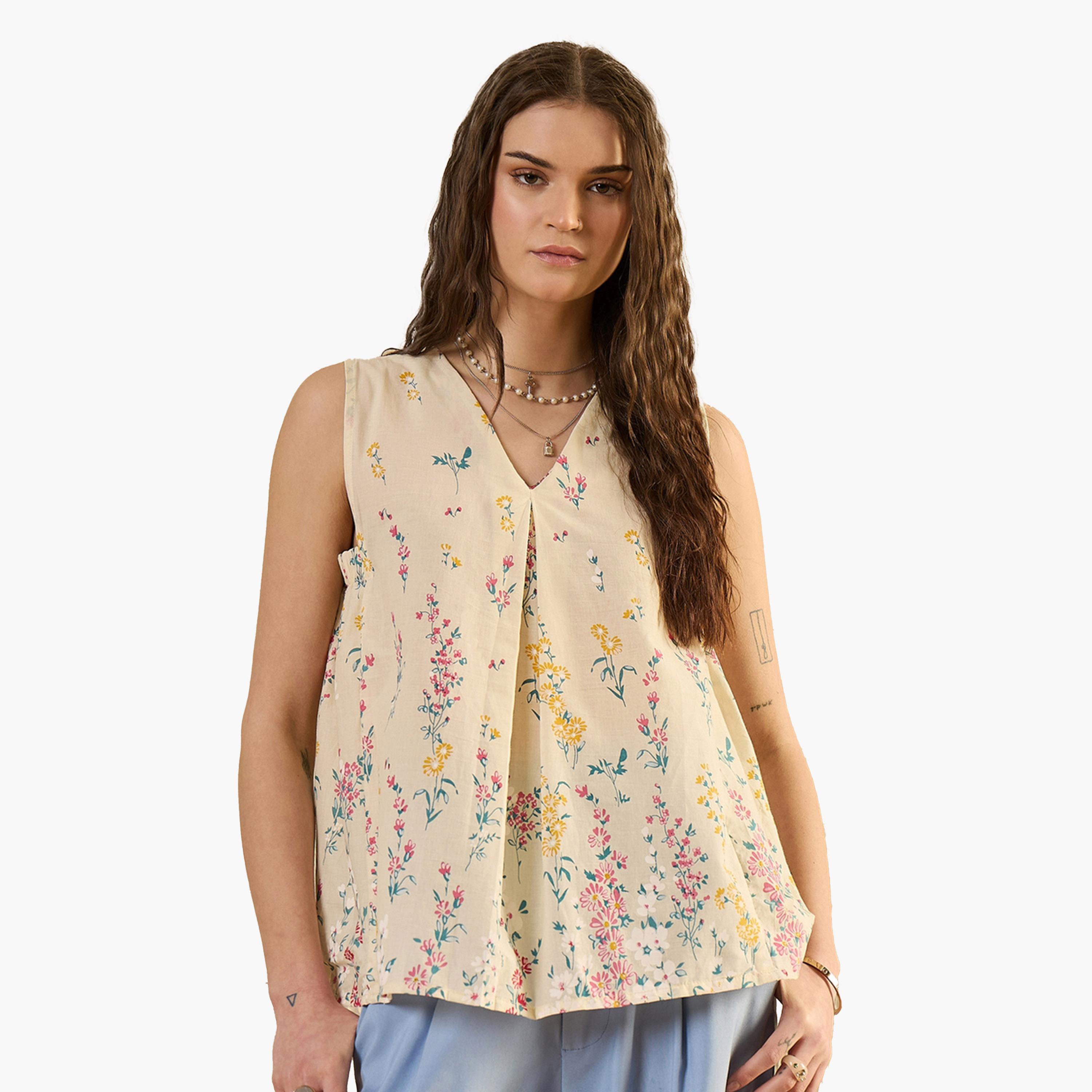 Sanskrutihomes X Styli Floral Print V-Neck Cotton Top for Women-women-clothing-shirtsandblouses-blouses-image-1