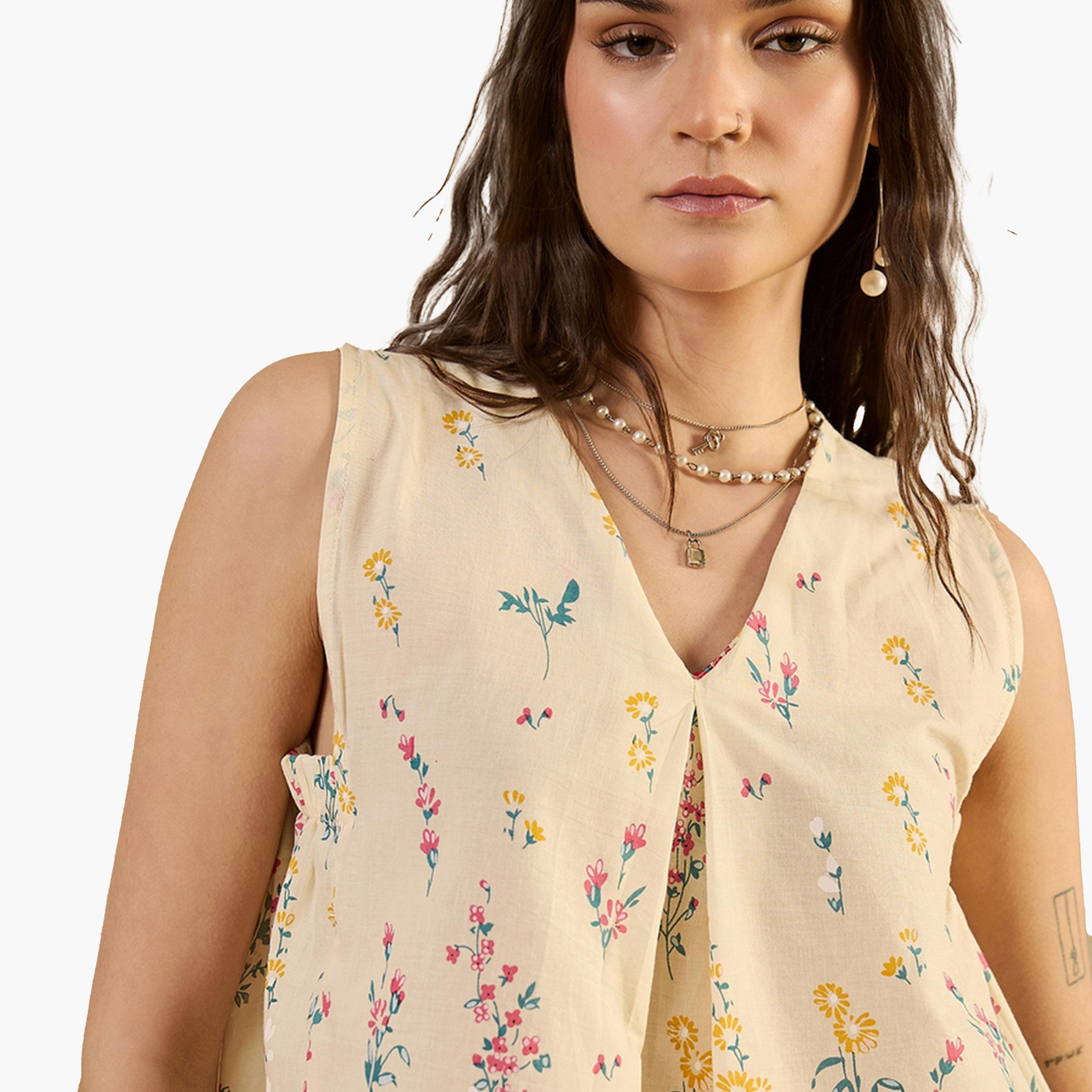 سانسكروتي هومز × ستايلي-  بلوزة قطنية بطبعة زهور وفتحة رقبة تصميم حرف V للنساء-women-clothing-shirtsandblouses-blouses-image-7