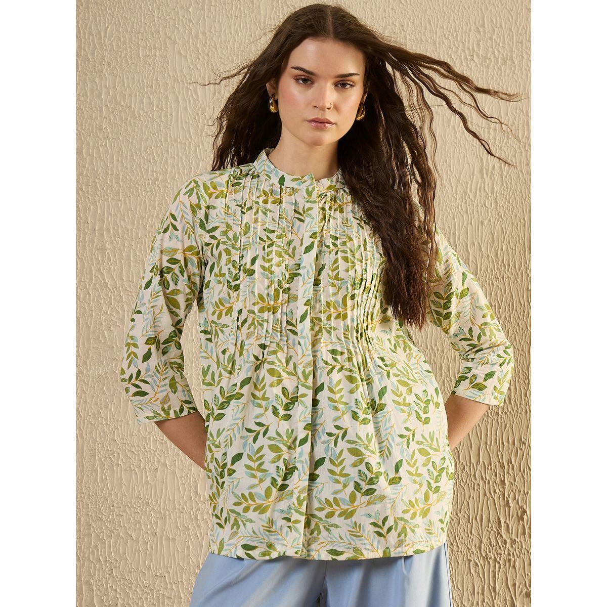 Sanskrutihomes Floral Print Mandarin Collar Pleated Shirt-women-clothing-shirtsandblouses-shirts-image-3