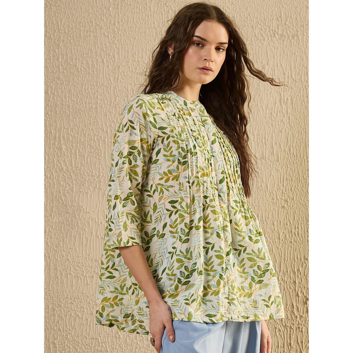 Sanskrutihomes Floral Print Mandarin Collar Pleated Shirt-women-clothing-shirtsandblouses-shirts-image-4
