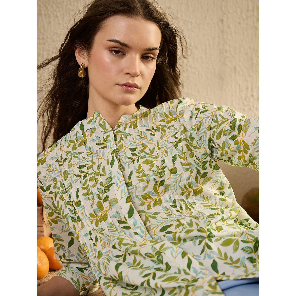 Sanskrutihomes Floral Print Mandarin Collar Pleated Shirt-women-clothing-shirtsandblouses-shirts-image-6
