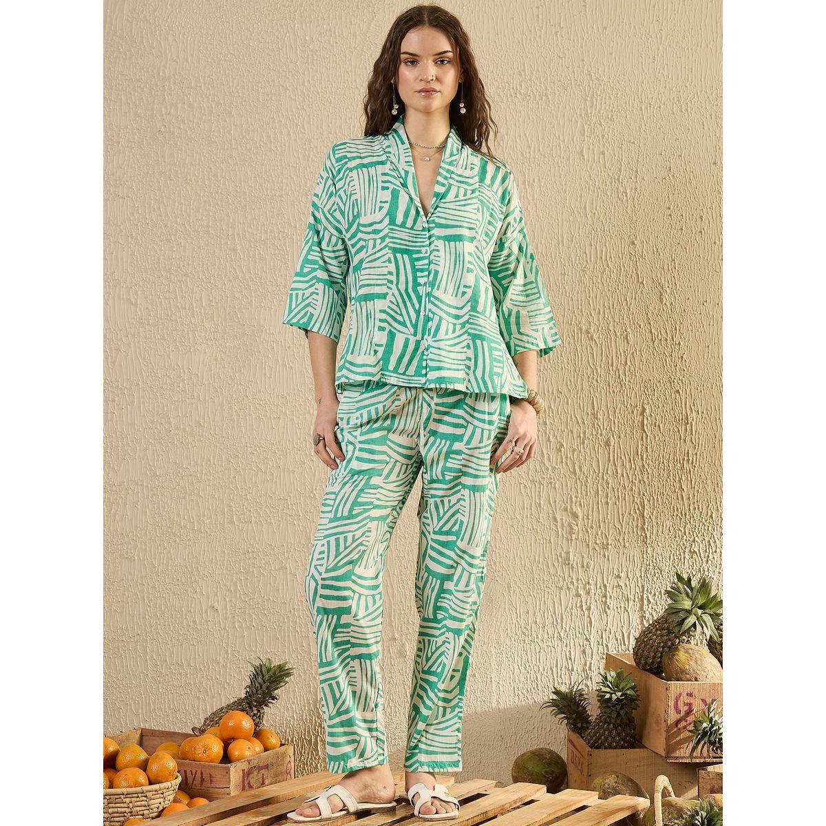 Sanskrutihomes Abstract Printed Shawl Lapel Top and Pyjama Set-women-clothing-nightwear-pyjamas-longsets-image-1