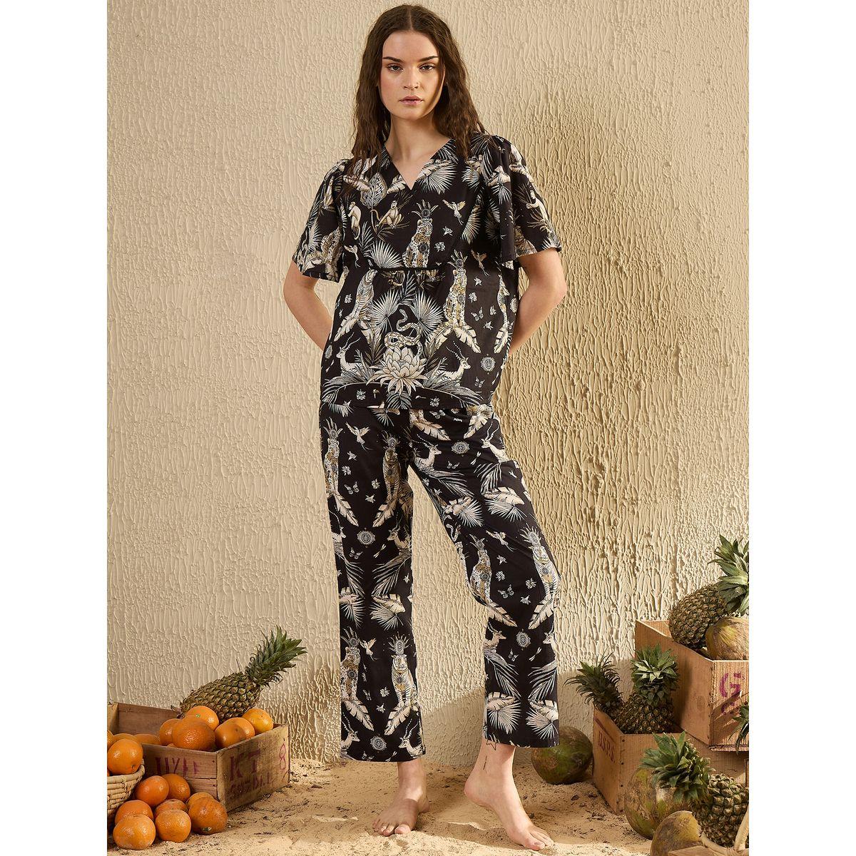 Sanskrutihomes Black All-Over Print Short Sleeve Cotton Top and Pyjama Set-women-clothing-nightwear-pyjamas-longsets-image-1