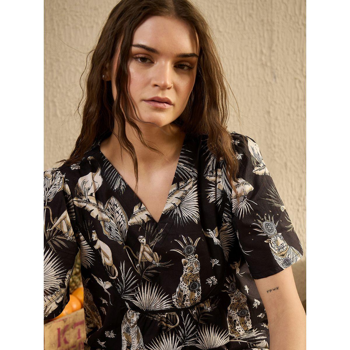 Sanskrutihomes Black All-Over Print Short Sleeve Cotton Top and Pyjama Set-women-clothing-nightwear-pyjamas-longsets-image-4
