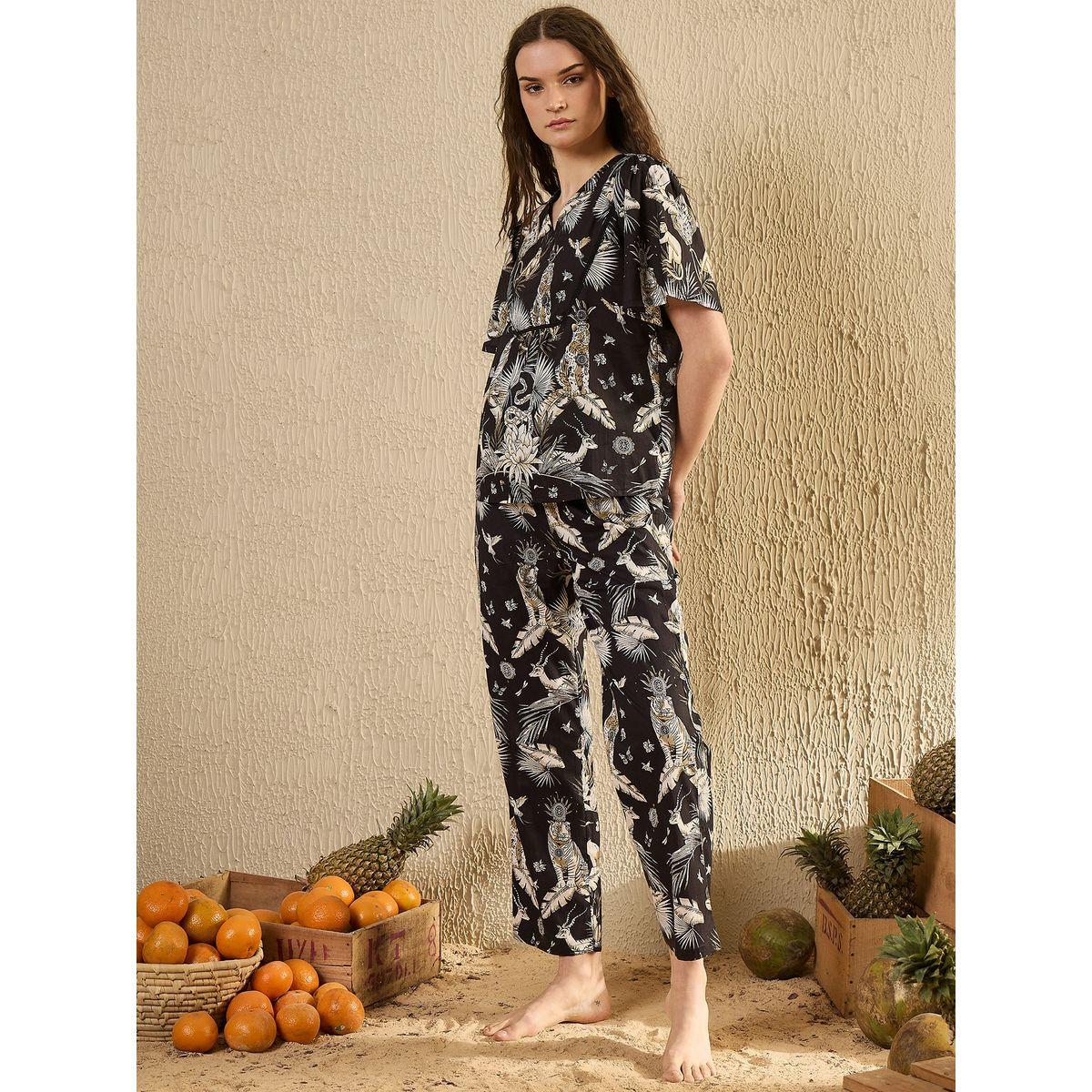 Sanskrutihomes Black All-Over Print Short Sleeve Cotton Top and Pyjama Set-women-clothing-nightwear-pyjamas-longsets-image-6