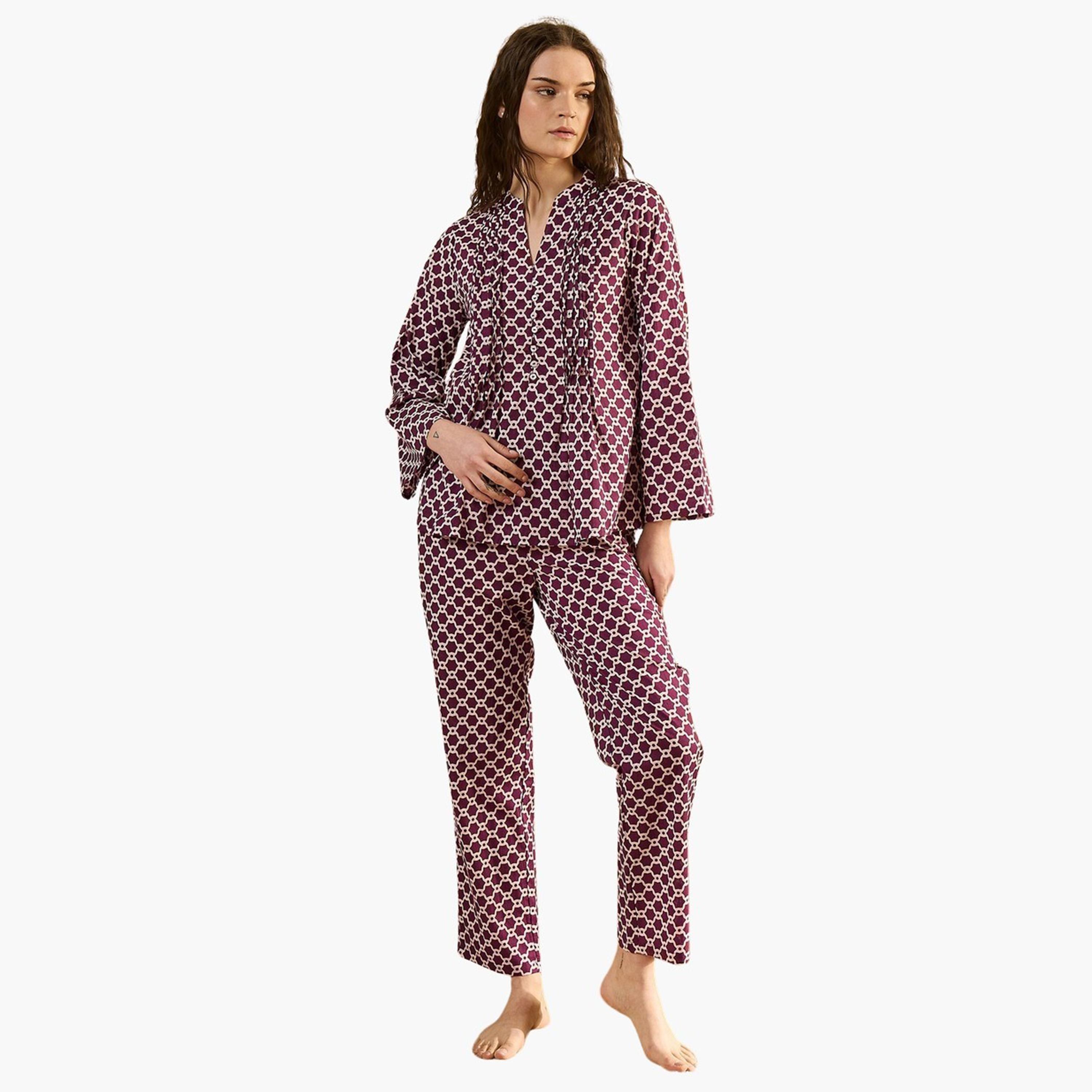 Sanskrutihomes X Styli Round Neck Geometric Print Top and Pyjama Set-women-clothing-nightwear-pyjamas-longsets-image-1
