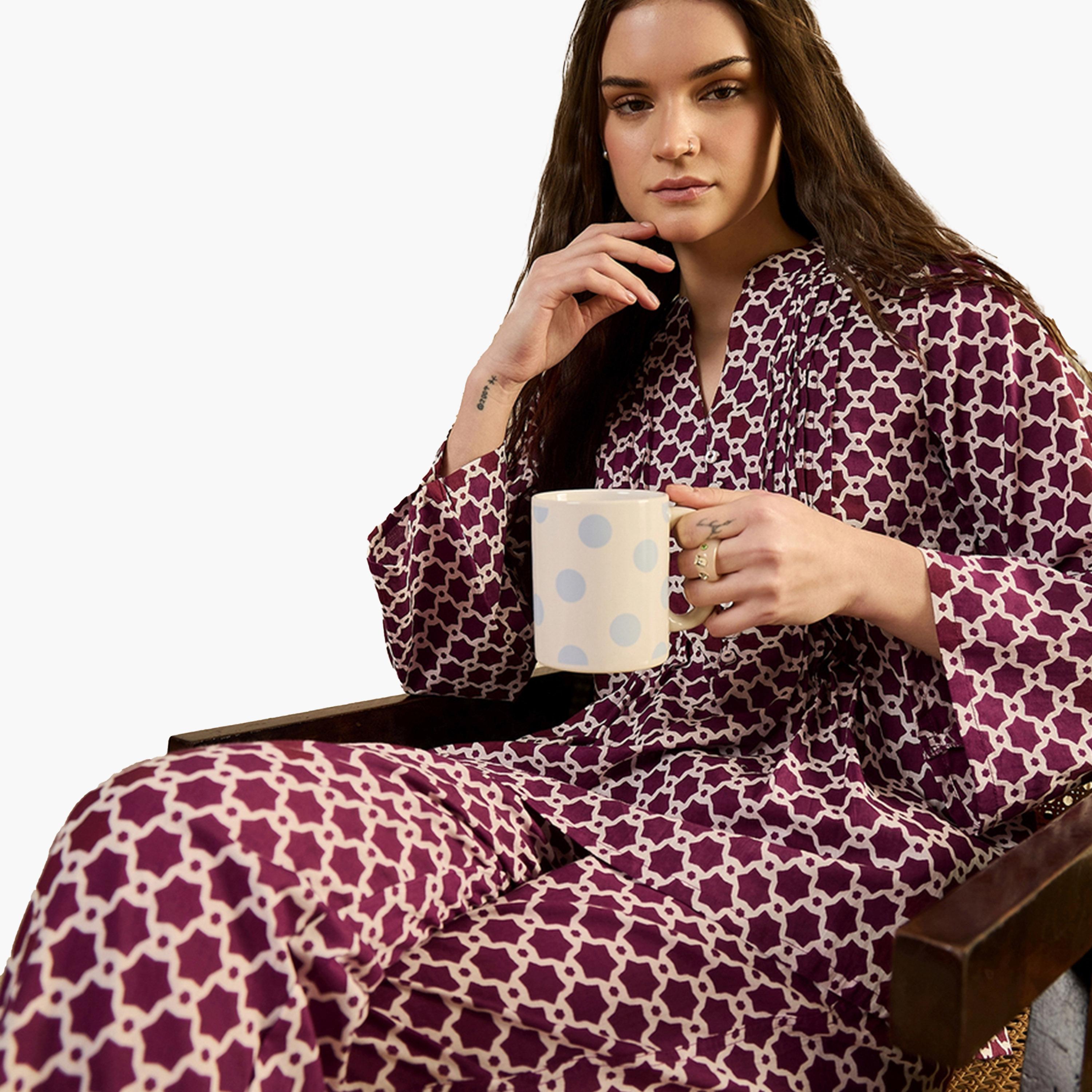 Sanskrutihomes X Styli Round Neck Geometric Print Top and Pyjama Set-women-clothing-nightwear-pyjamas-longsets-image-3
