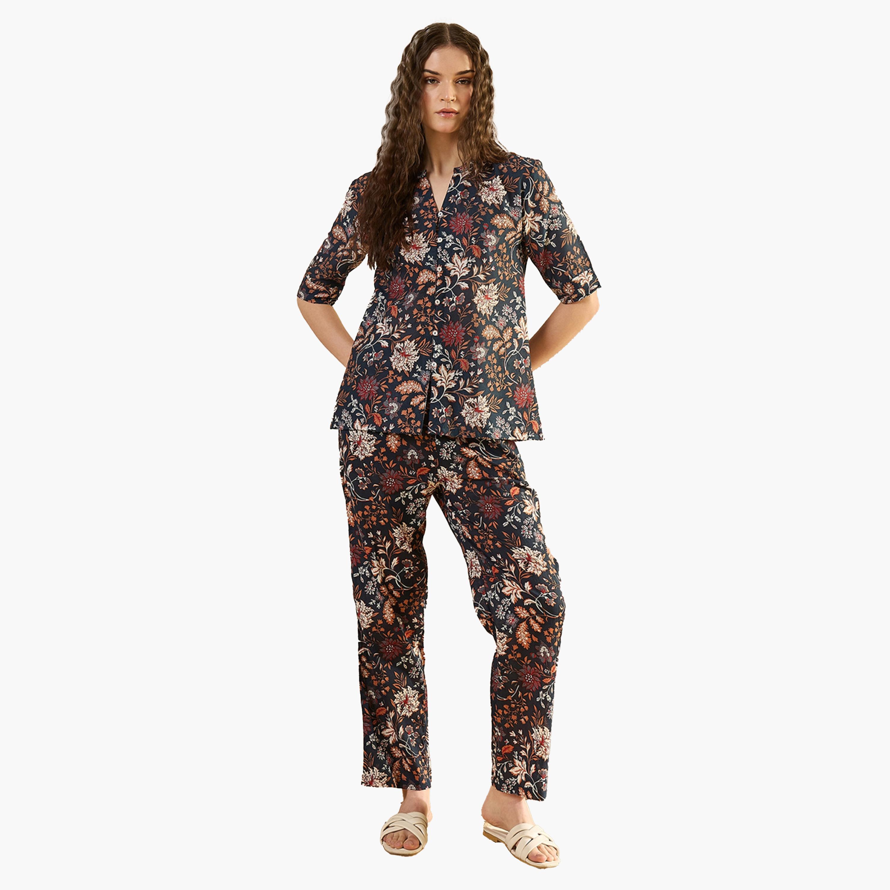 سانسكروتي هومز × ستايلي-  بيجاما وقميص قطني مطبوع رقبة على شكل حرف V-women-clothing-nightwear-pyjamas-longsets-image-1