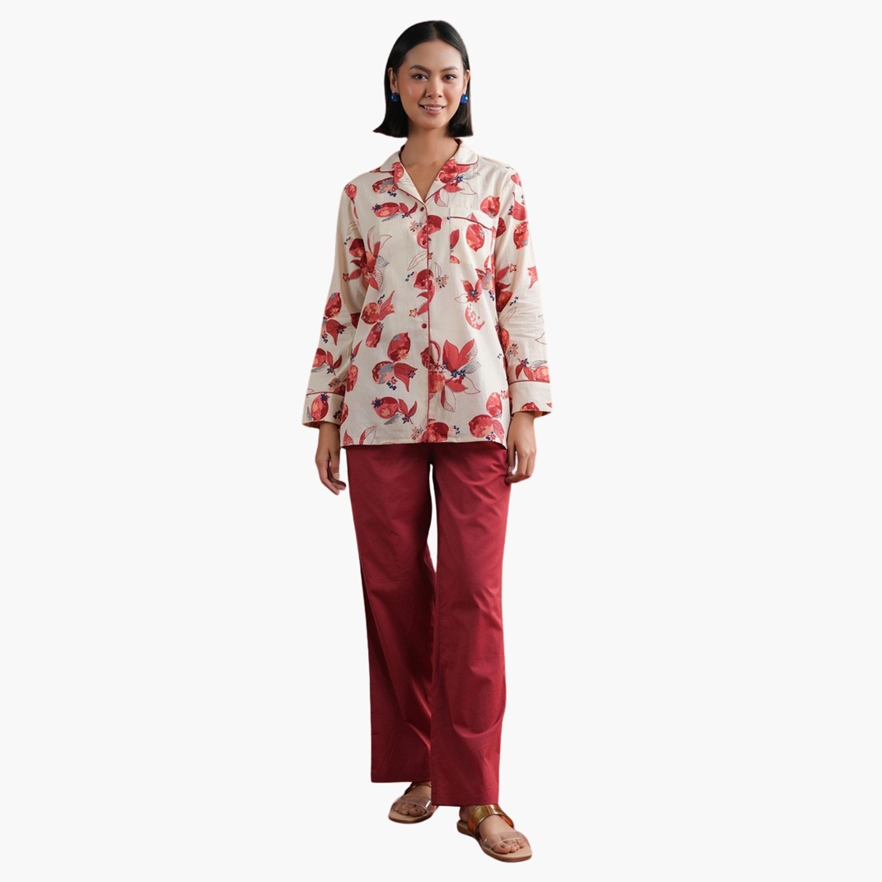 Sanskrutihomes X Styli Floral Printed Collared Shirt and Pyjama Set-women-clothing-nightwear-pyjamas-longsets-image-1