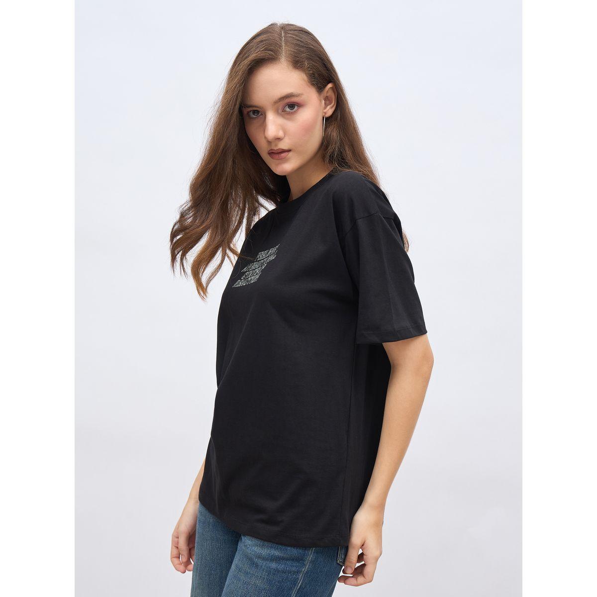 Styli Black Slogan Print Oversized T-Shirt-women-clothing-tshirts-image-3