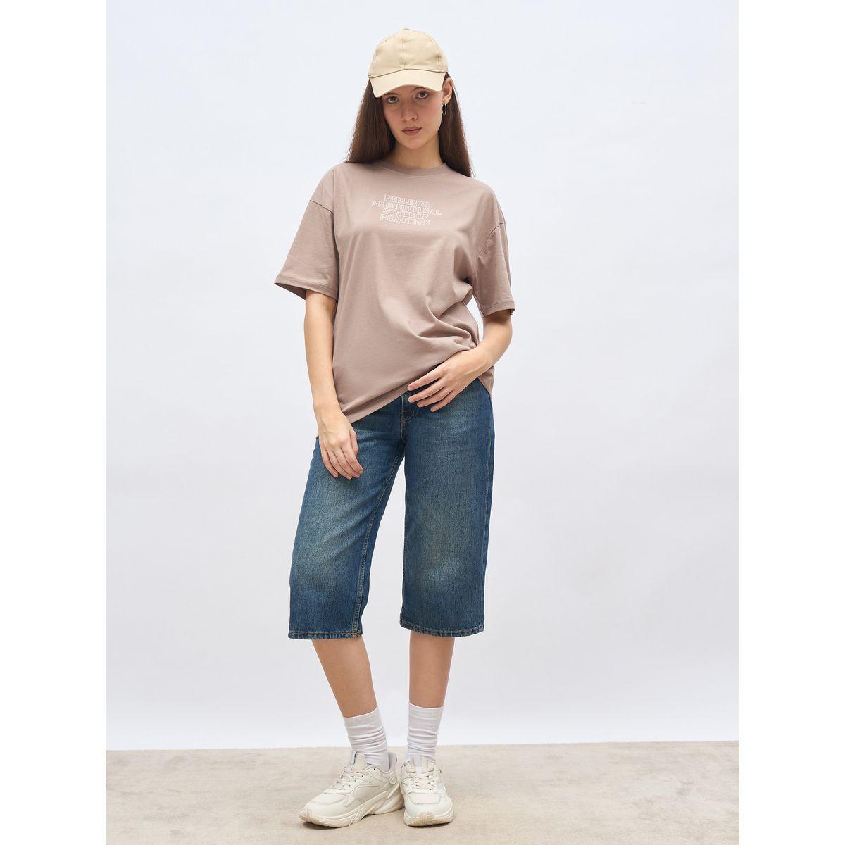 Styli Beige Slogan Print Oversized T-Shirt-women-clothing-tshirts-image-1