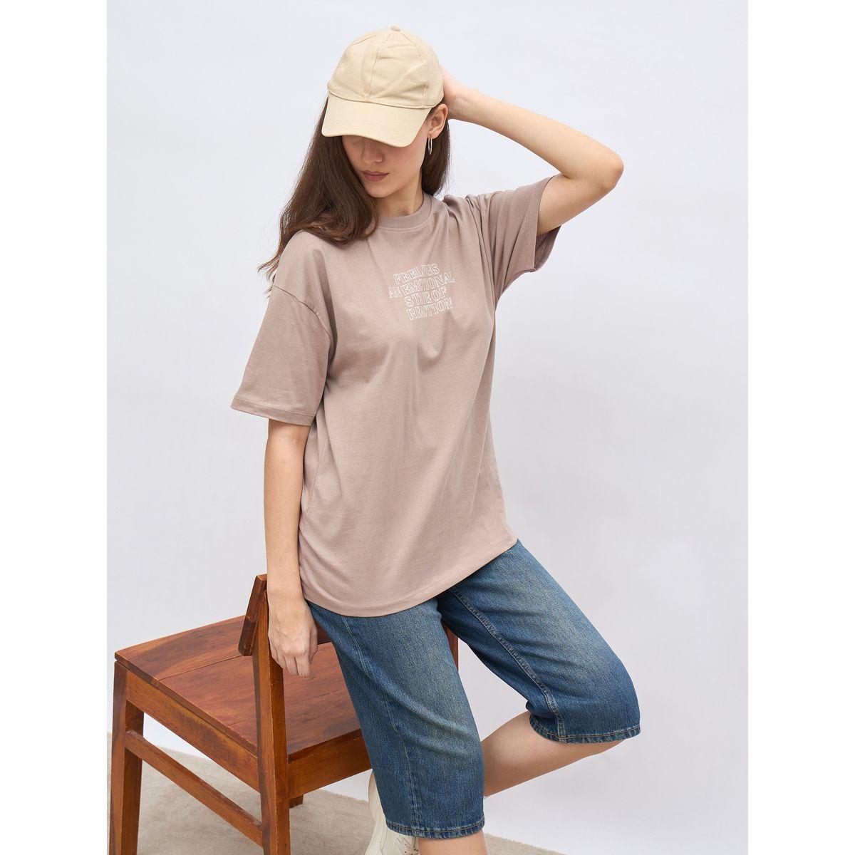 Styli Beige Slogan Print Oversized T-Shirt-women-clothing-tshirts-image-6