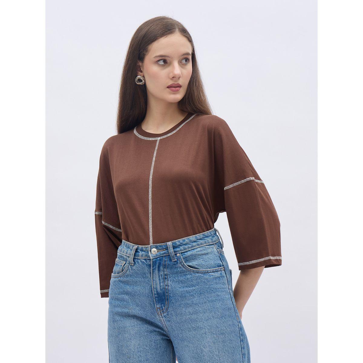 Styli Oversized Short Sleeve T-Shirt with Contrast Stitch Detail-women-clothing-tshirts-image-2