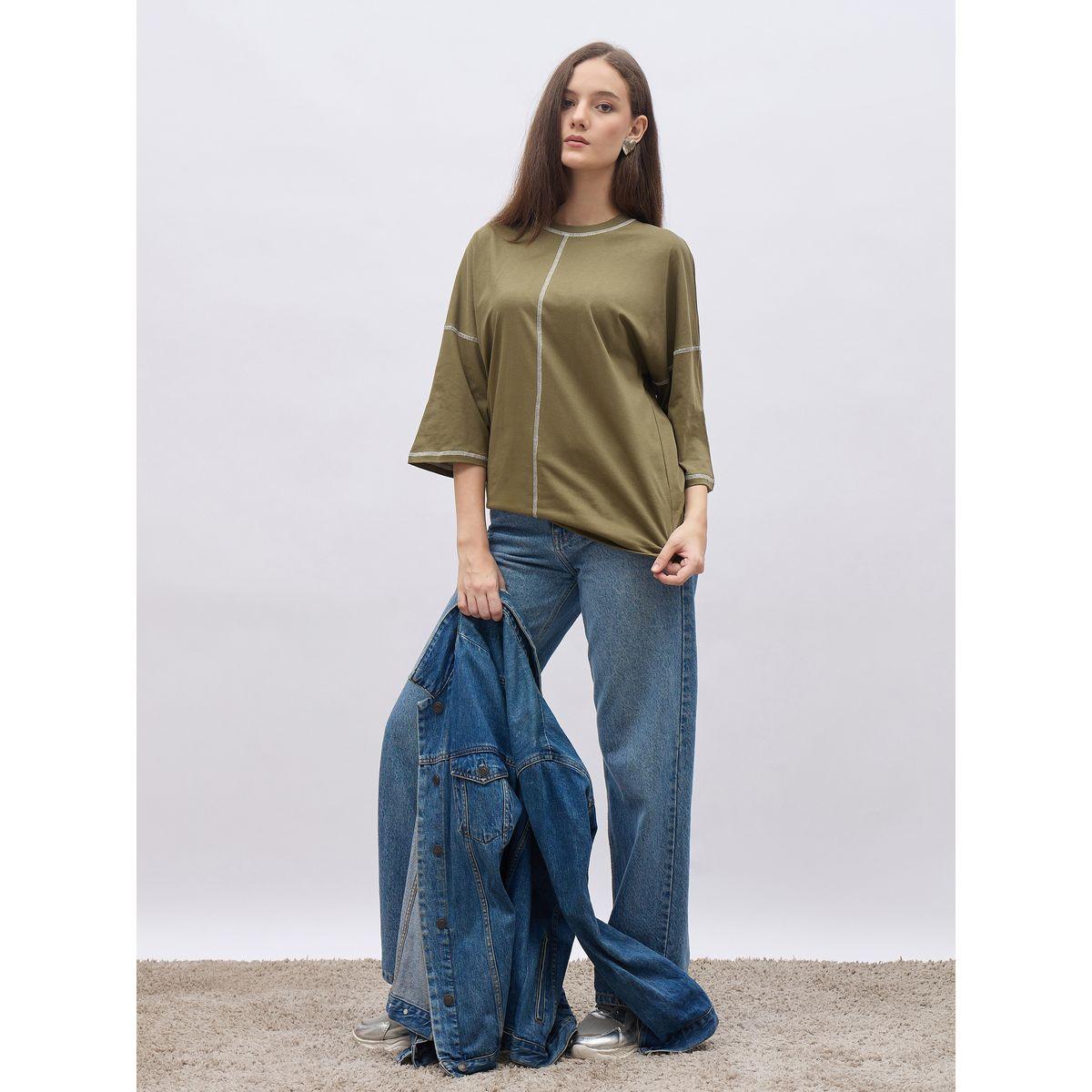 تيشيرت فضفاض بأكمام قصيرة وتفاصيل درزات-women-clothing-tshirts-image-1