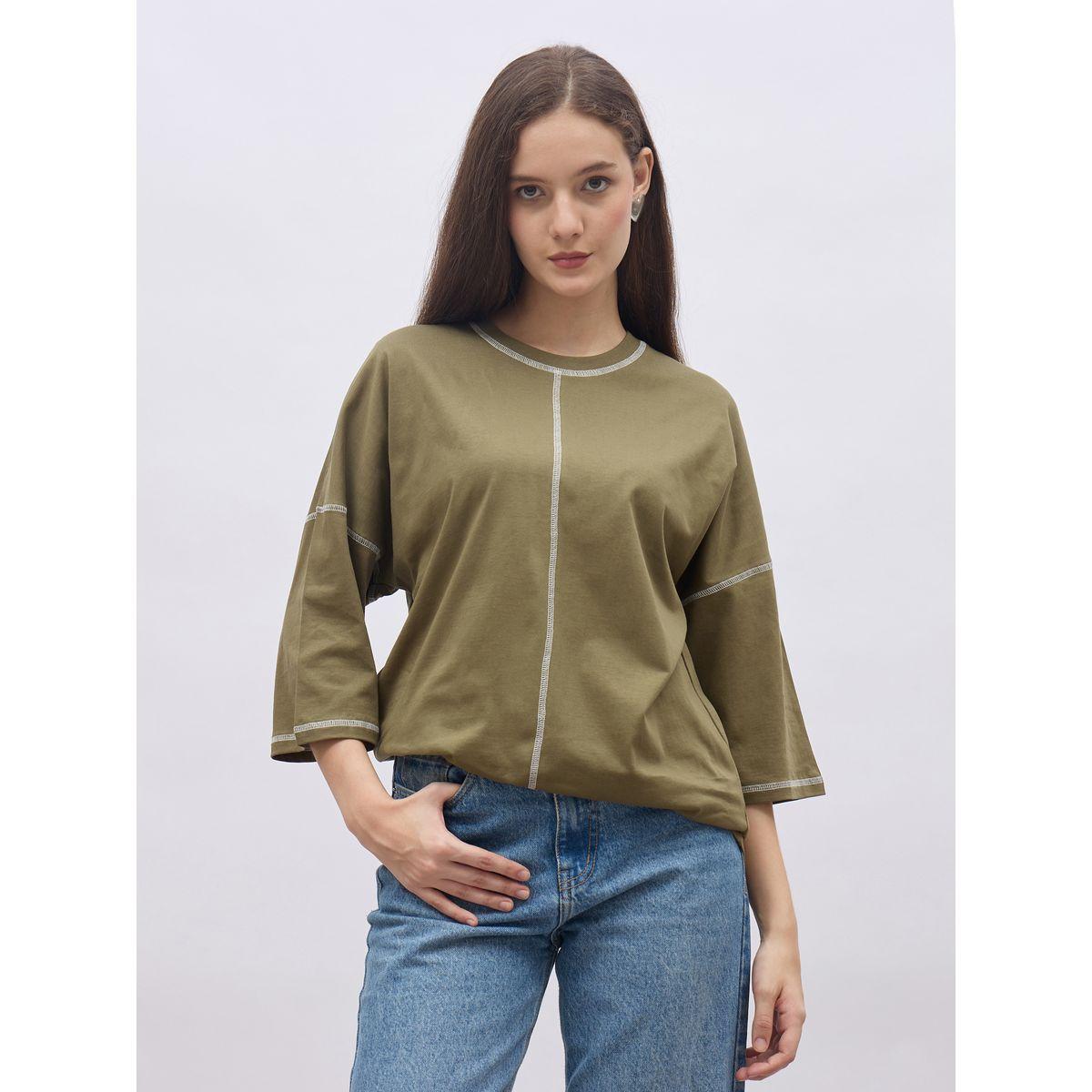 Styli Oversized Short Sleeve T-Shirt with Contrast Stitch Detail-women-clothing-tshirts-image-2