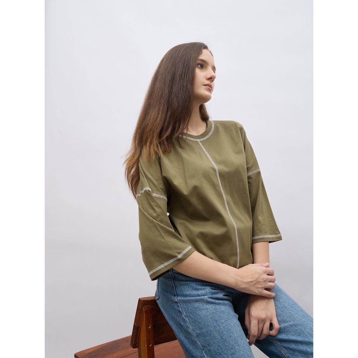 تيشيرت فضفاض بأكمام قصيرة وتفاصيل درزات-women-clothing-tshirts-image-6