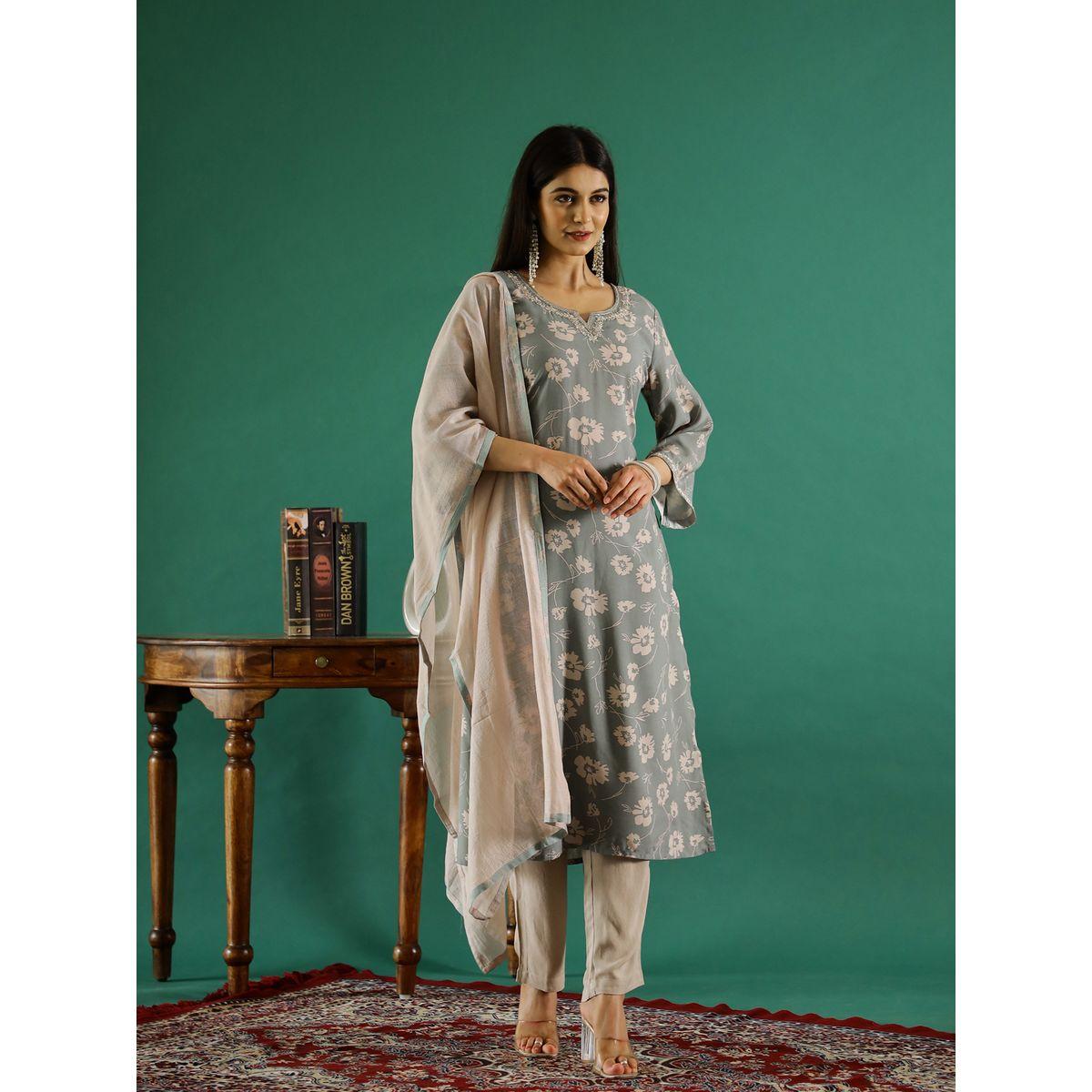 طقم من بنطال وكورتا قطنية بطبعة زهور-women-clothing-ethnicwear-kurtasets-image-1