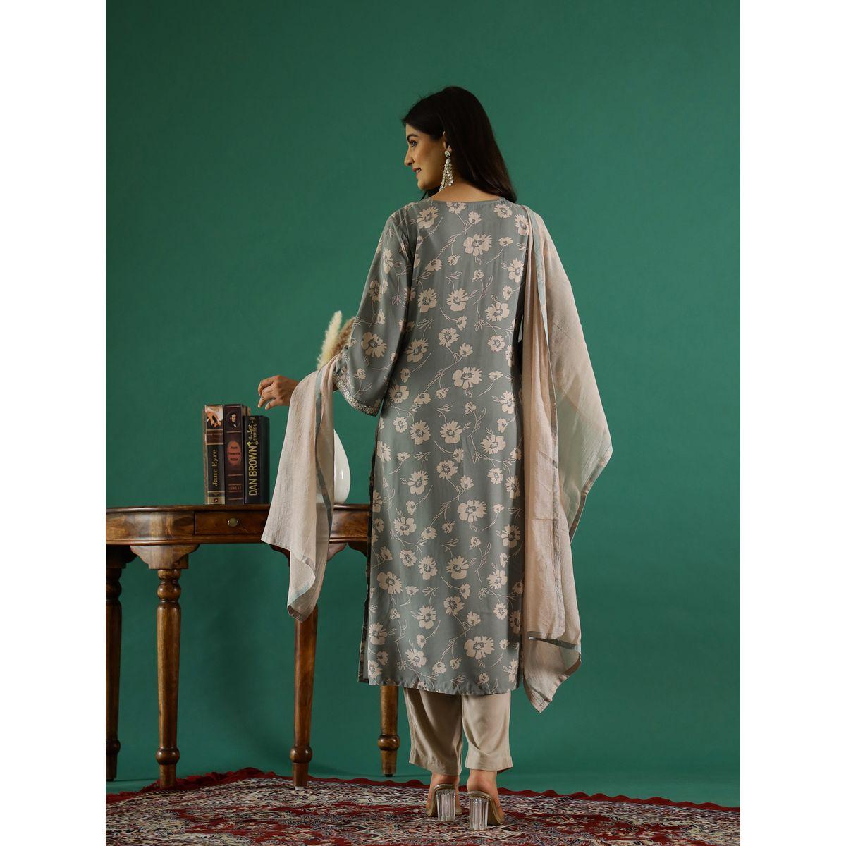 طقم من بنطال وكورتا قطنية بطبعة زهور-women-clothing-ethnicwear-kurtasets-image-2