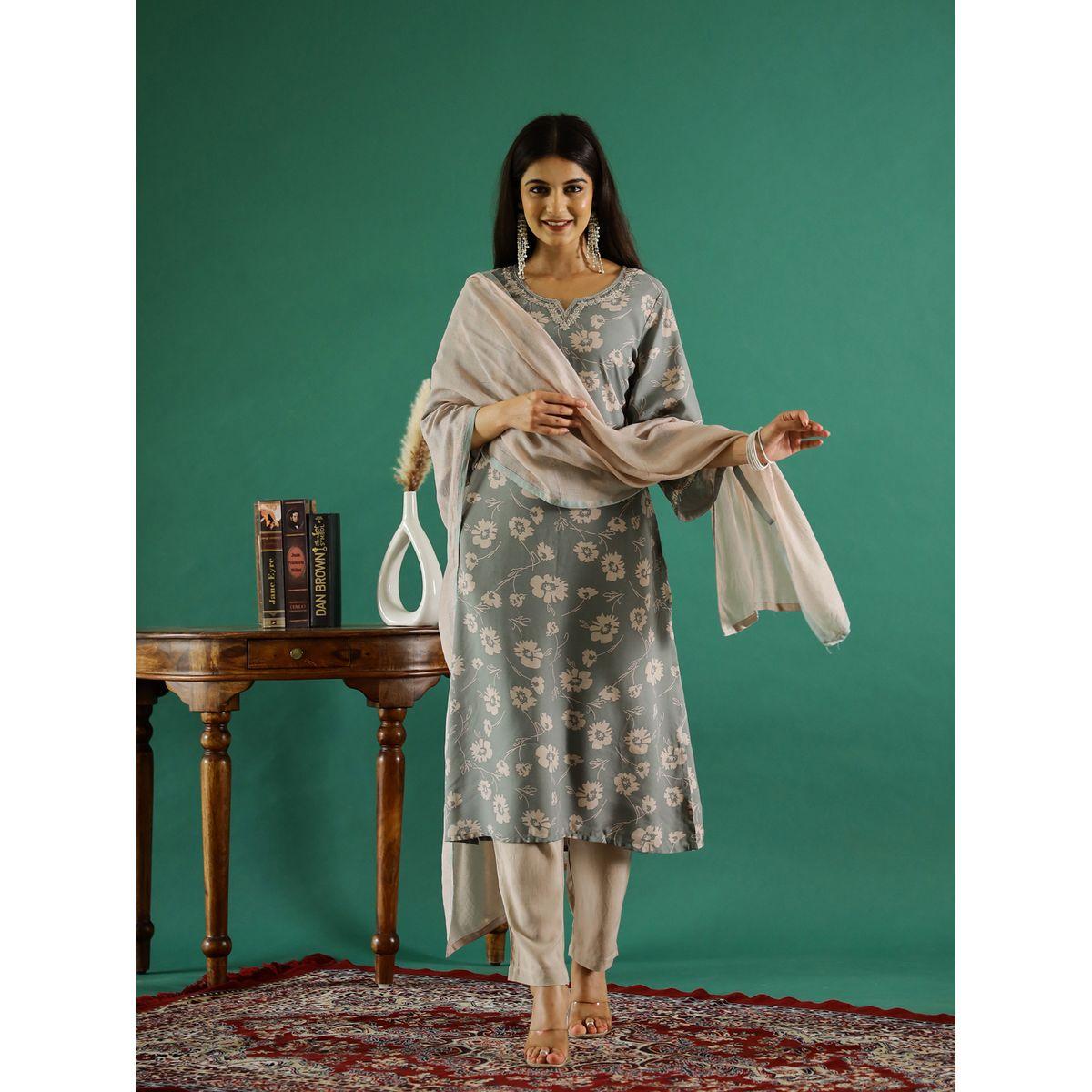 طقم من بنطال وكورتا قطنية بطبعة زهور-women-clothing-ethnicwear-kurtasets-image-3