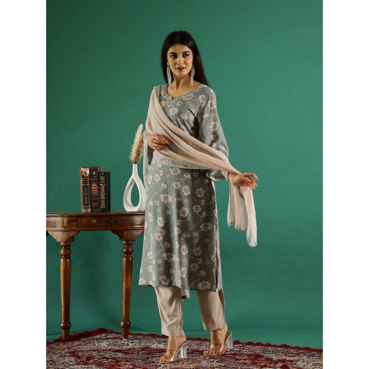 طقم من بنطال وكورتا قطنية بطبعة زهور-women-clothing-ethnicwear-kurtasets-image-4
