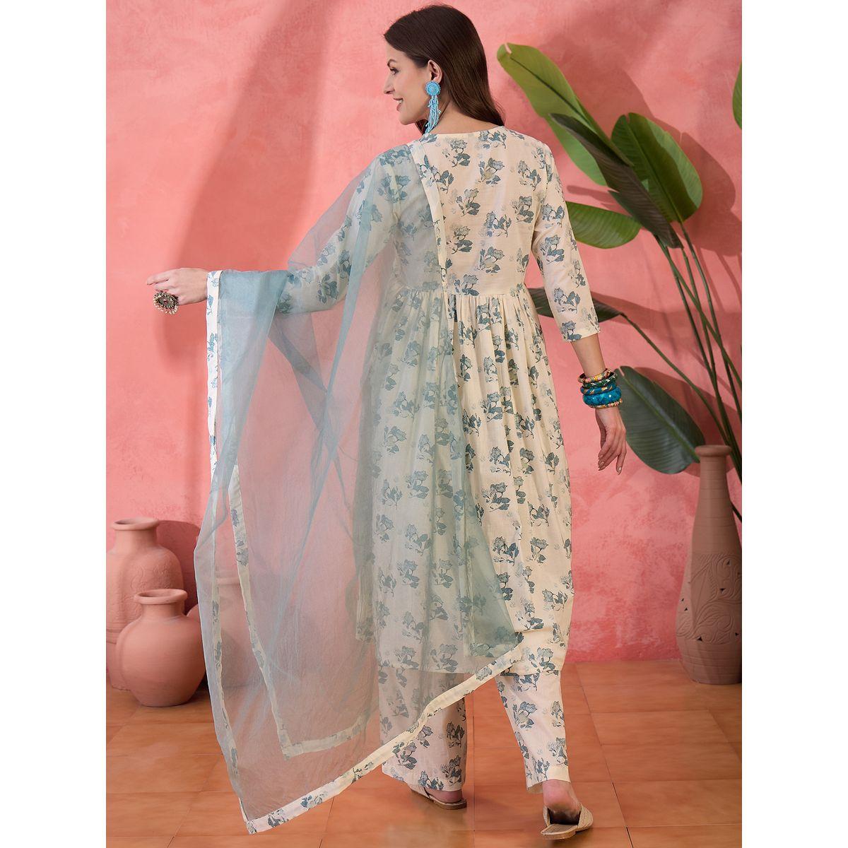 طقم منسق من كورتا بطبعة زهور وبنطال مع دوباتا-women-clothing-ethnicwear-kurtasets-image-3