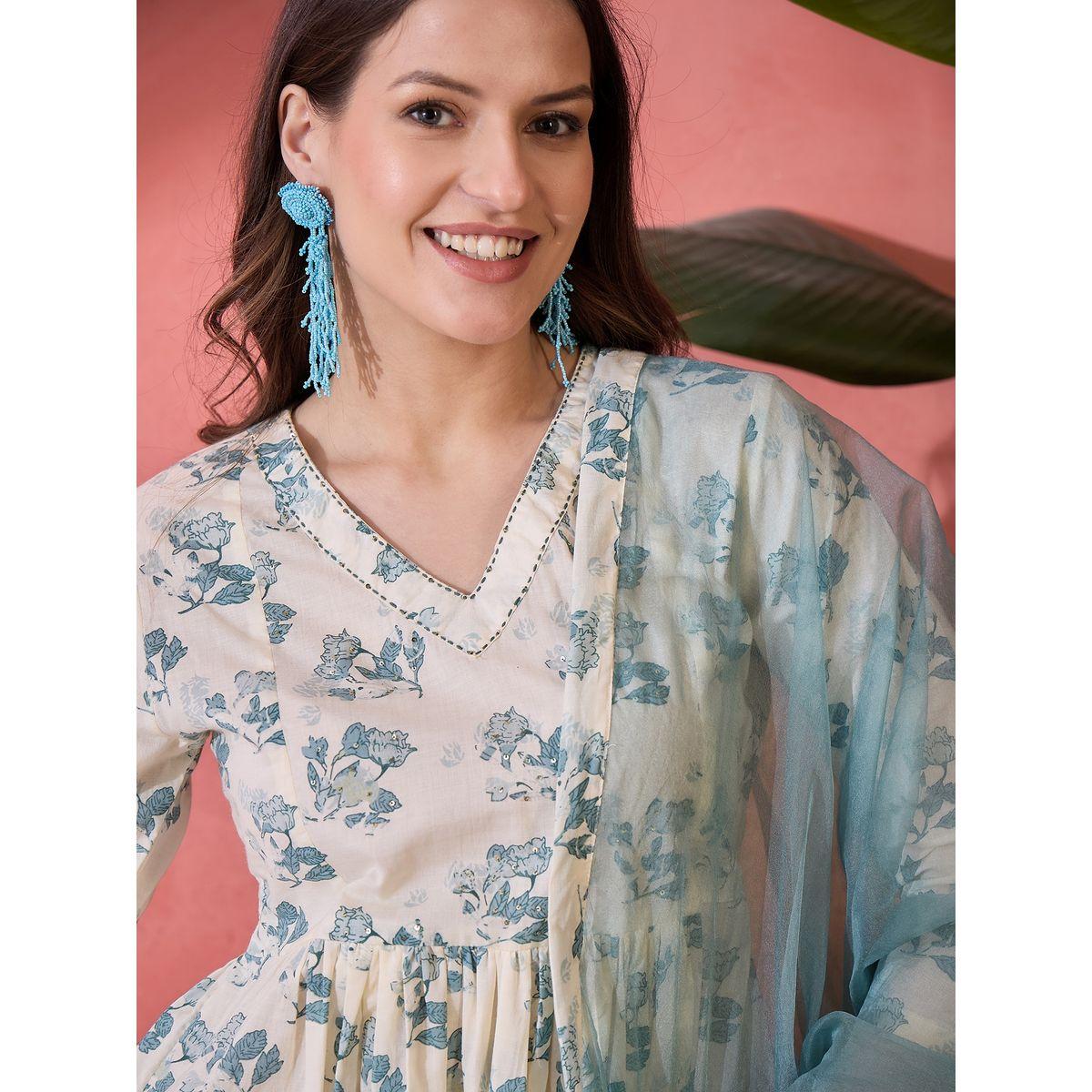 طقم منسق من كورتا بطبعة زهور وبنطال مع دوباتا-women-clothing-ethnicwear-kurtasets-image-4