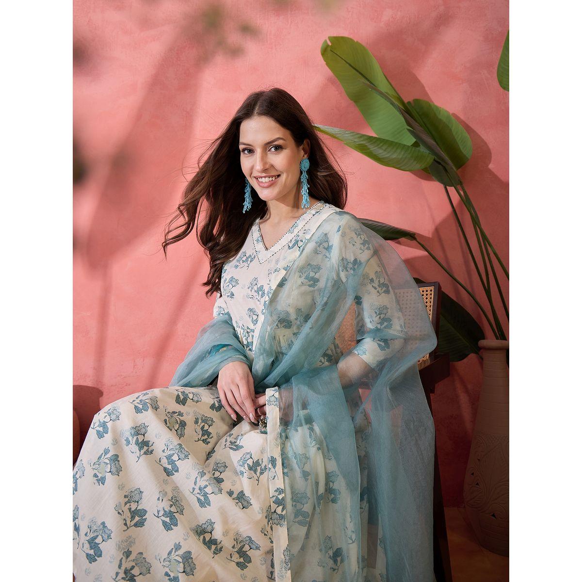 طقم منسق من كورتا بطبعة زهور وبنطال مع دوباتا-women-clothing-ethnicwear-kurtasets-image-6