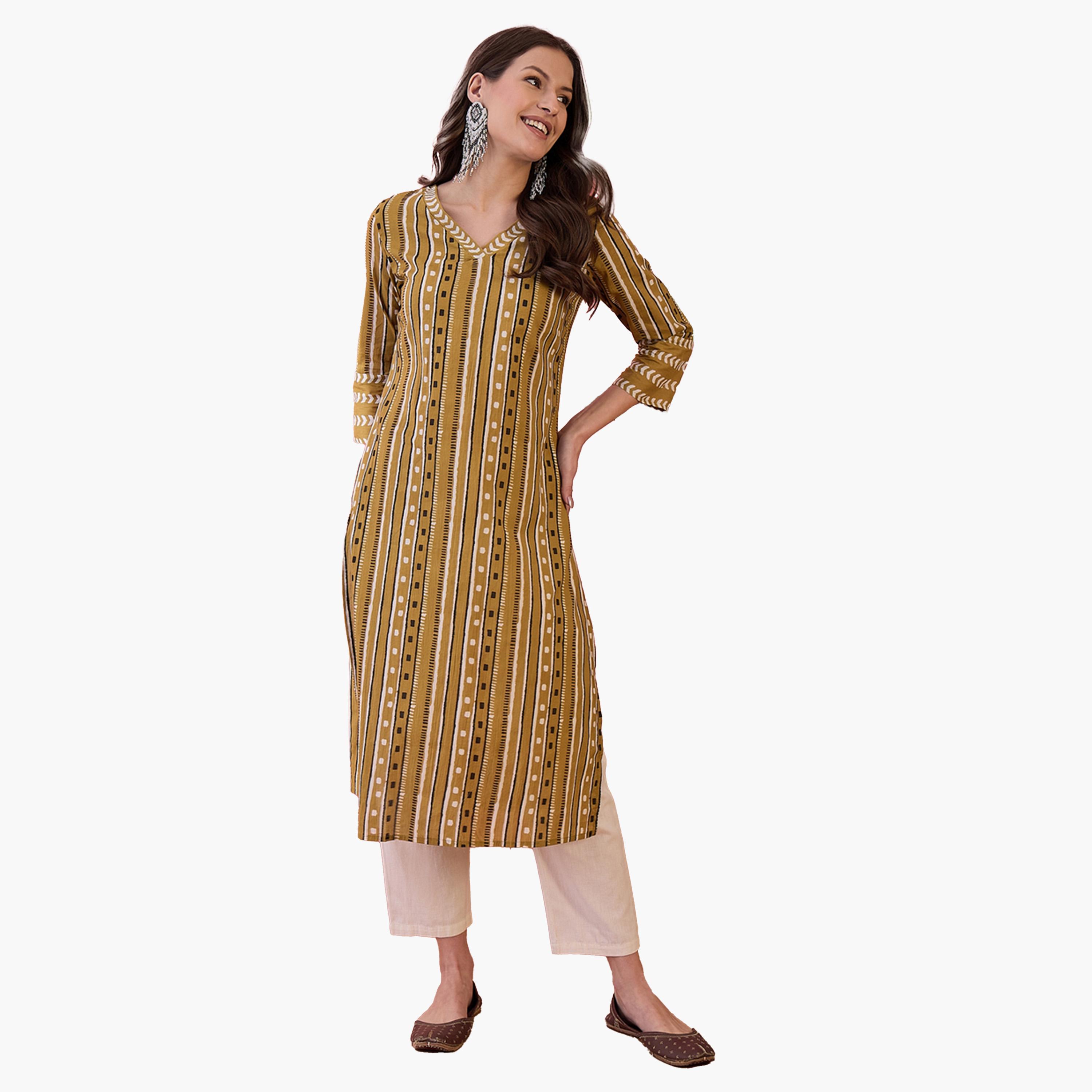 سانسكروتي هومز × ستايلي - كورتا نسائية موردة من القطن الخالص - خردلي-women-clothing-ethnicwear-kurtas-image-1
