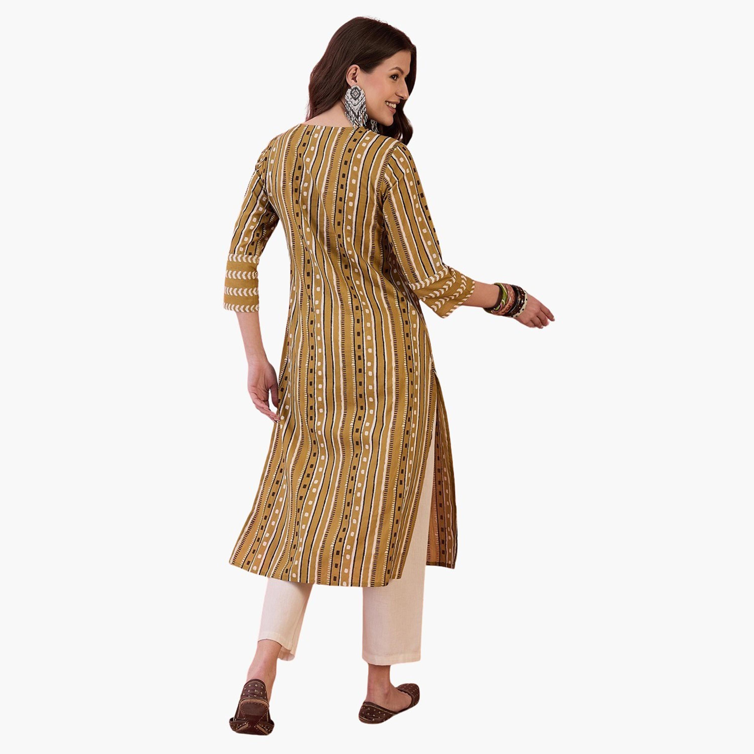 سانسكروتي هومز × ستايلي - كورتا نسائية موردة من القطن الخالص - خردلي-women-clothing-ethnicwear-kurtas-image-2