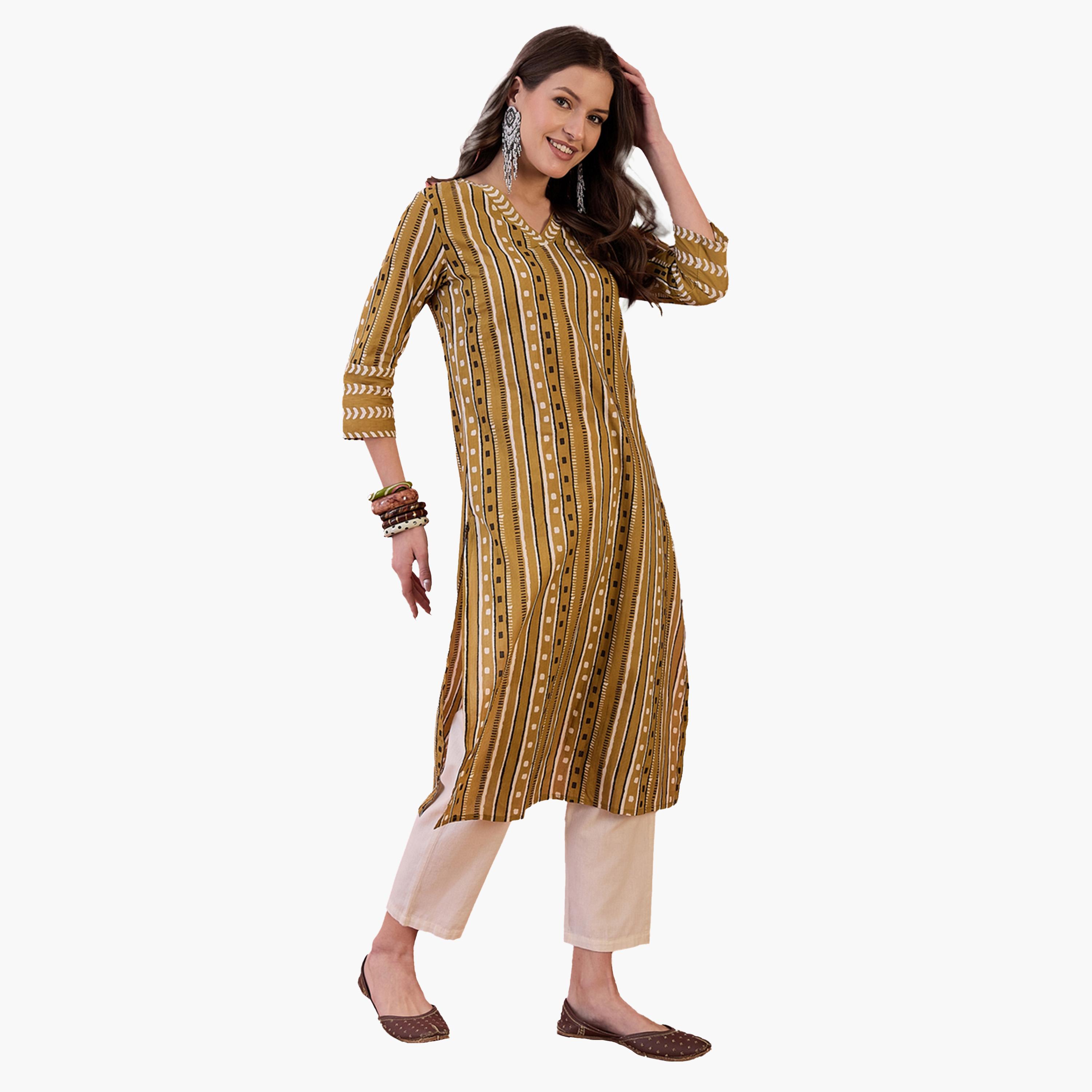 سانسكروتي هومز × ستايلي - كورتا نسائية موردة من القطن الخالص - خردلي-women-clothing-ethnicwear-kurtas-image-3