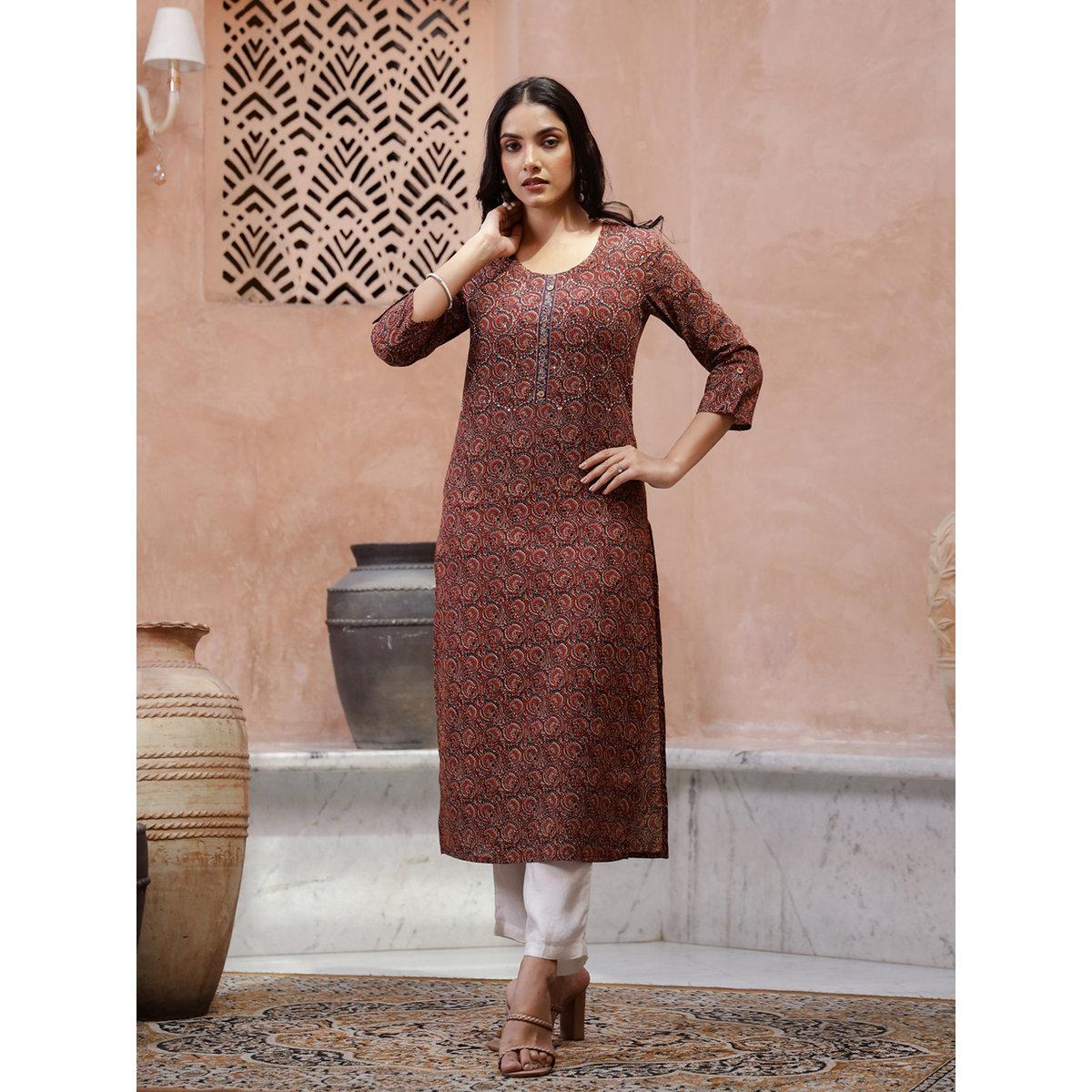 Sanskrutihomes Printed Floral Kurta with Side Slit Detail-women-clothing-ethnicwear-kurtas-image-1