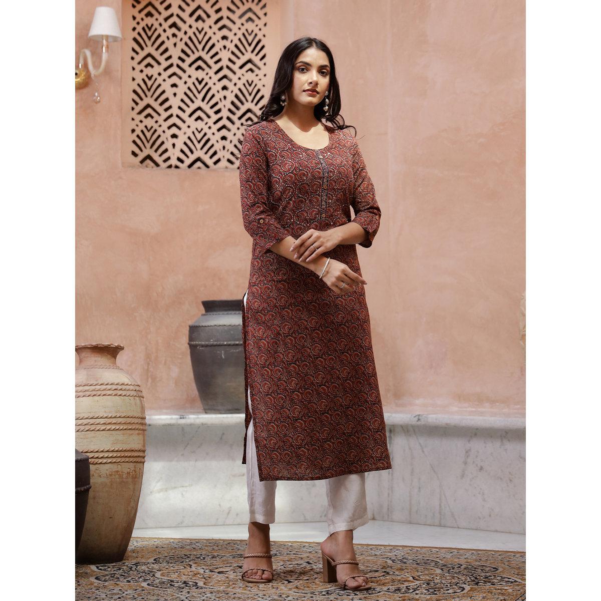 كورتا بطبعة زهور مع شق جانبي-women-clothing-ethnicwear-kurtas-image-3