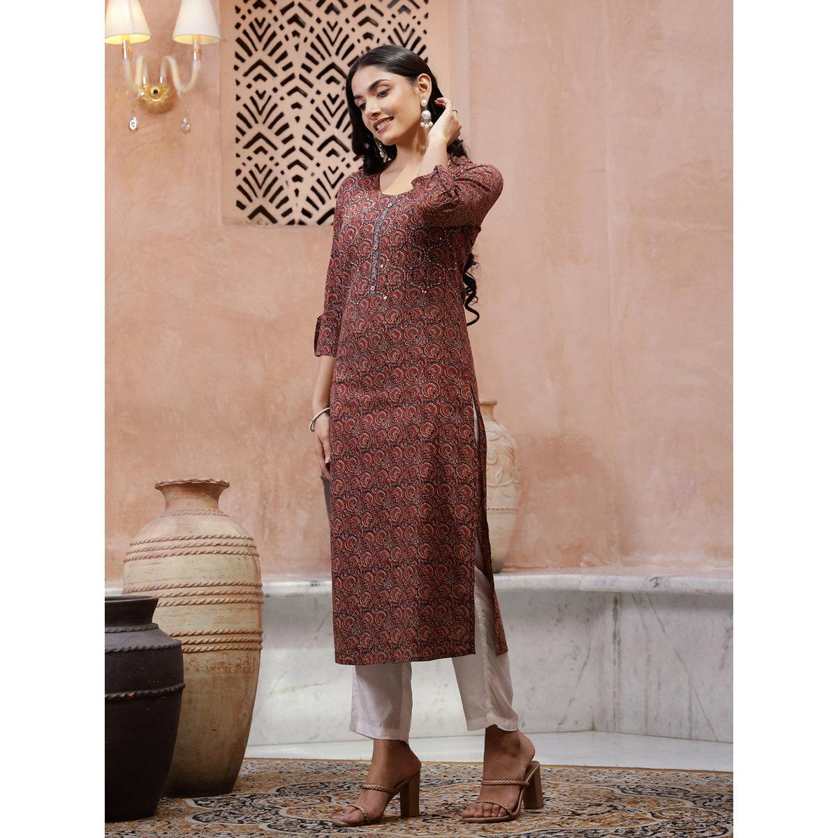 Sanskrutihomes Printed Floral Kurta with Side Slit Detail-women-clothing-ethnicwear-kurtas-image-4