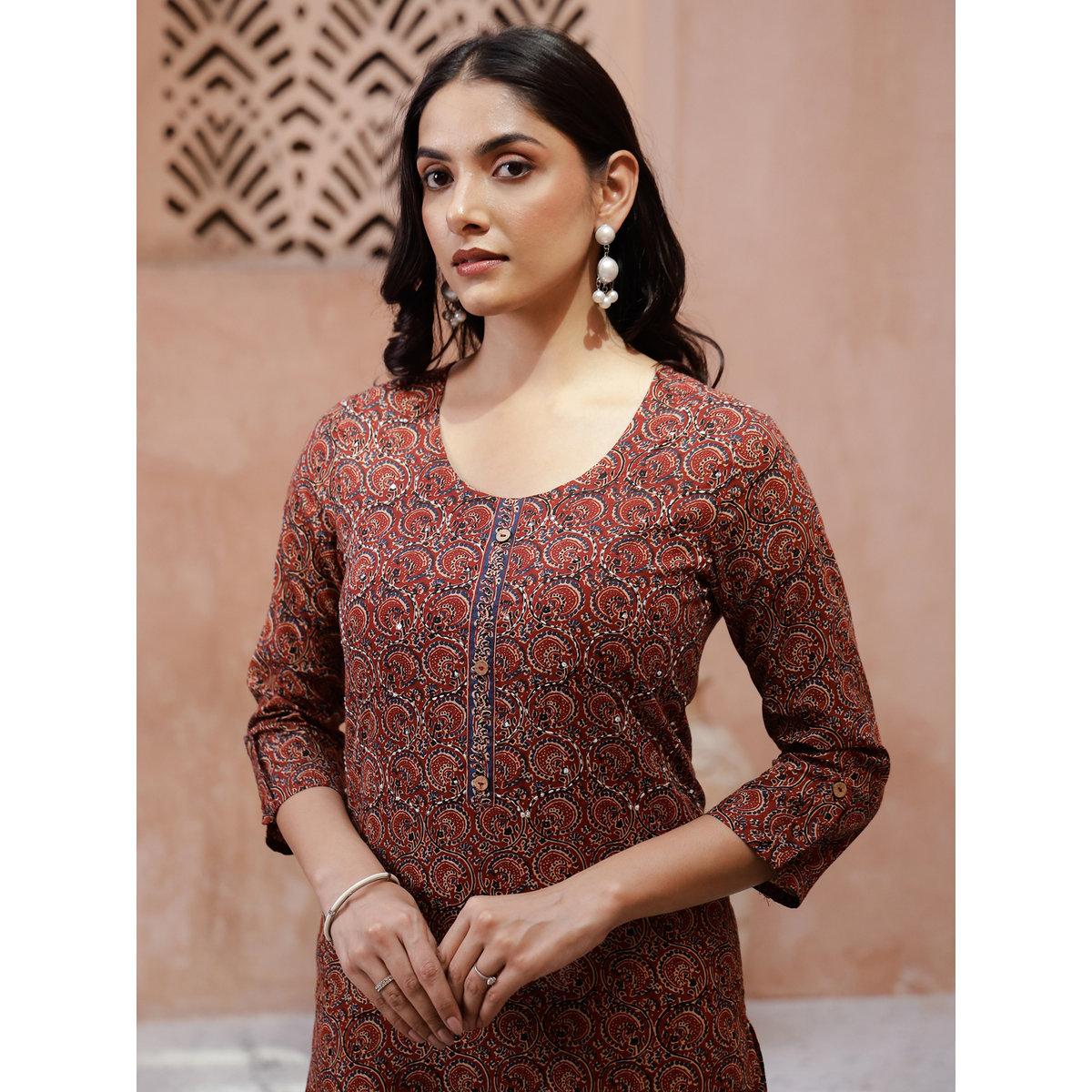 Sanskrutihomes Printed Floral Kurta with Side Slit Detail-women-clothing-ethnicwear-kurtas-image-5