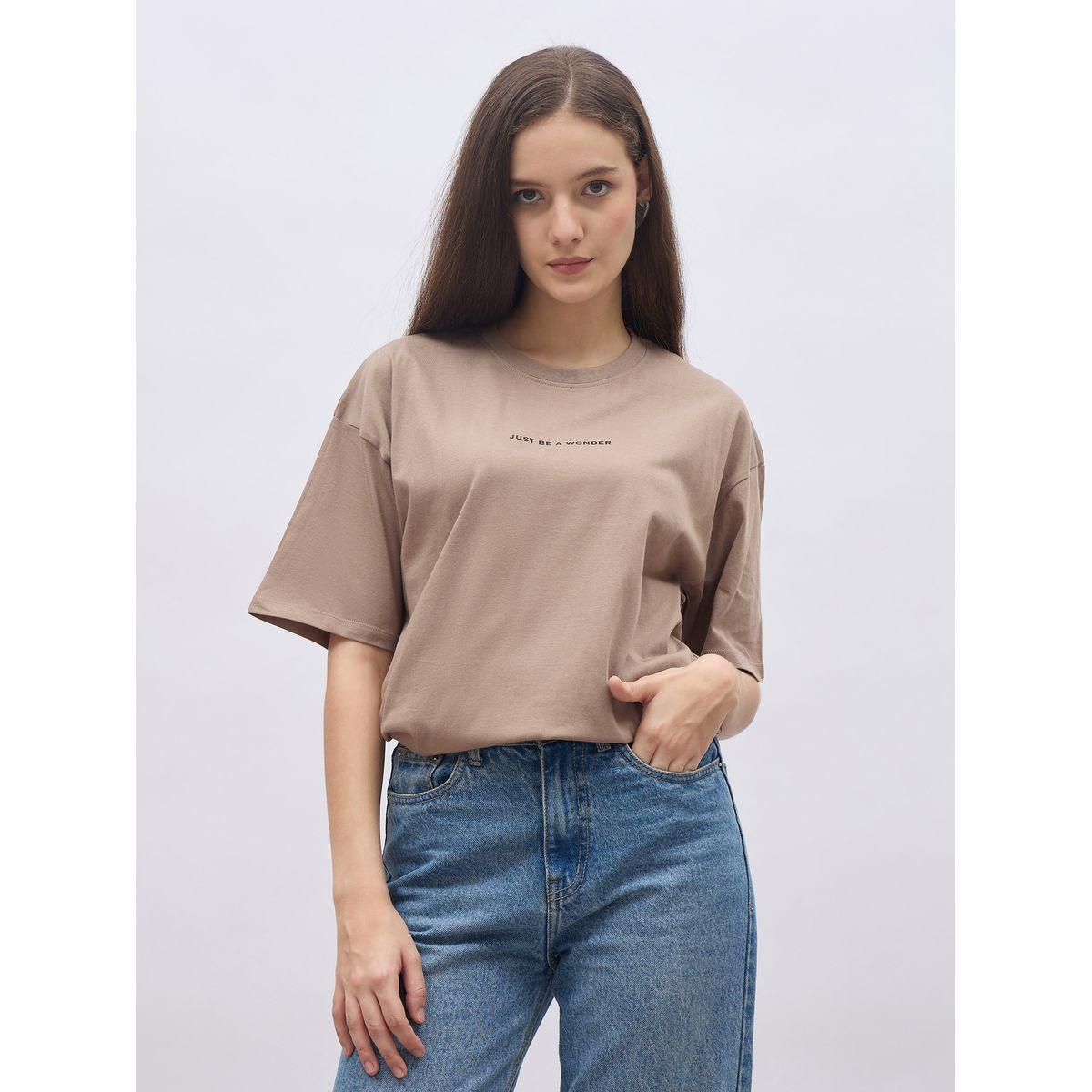 Styli Women Beige Slogan Print Short Sleeve Oversized T-Shirt-women-clothing-tshirts-image-2