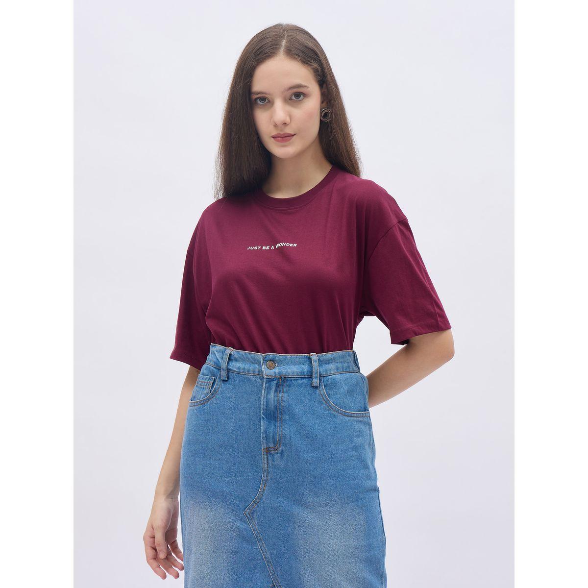 Styli Women Burgundy Slogan Print Oversized T-Shirt-women-clothing-tshirts-image-2