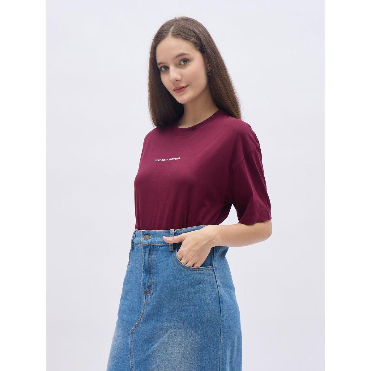 Styli Women Burgundy Slogan Print Oversized T-Shirt-women-clothing-tshirts-image-3